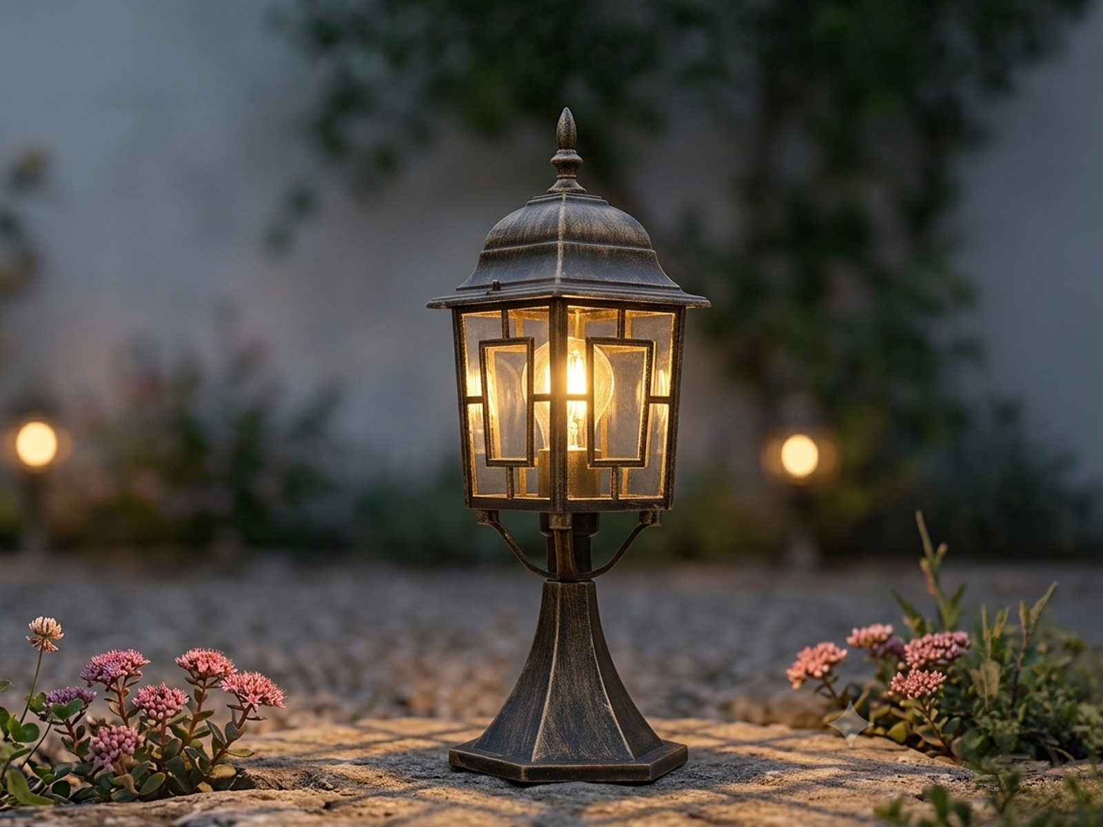 TRIO Leuchten LED Sockelleuchte antik mit Bleiglasoptik, Höhe 47cm, LED wechselbar, Warmweiß, Gartenlaterne, Außen Wegbeleuchtung Garten-Beleuchtung mit E27 LED