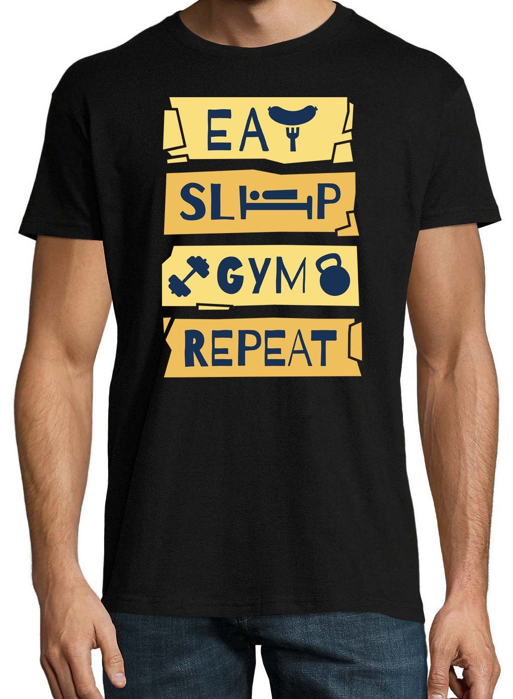 im Shirt Sleep Youth Herren Repeat Schwarz Designz Eat Gym Fun-Look T-Shirt