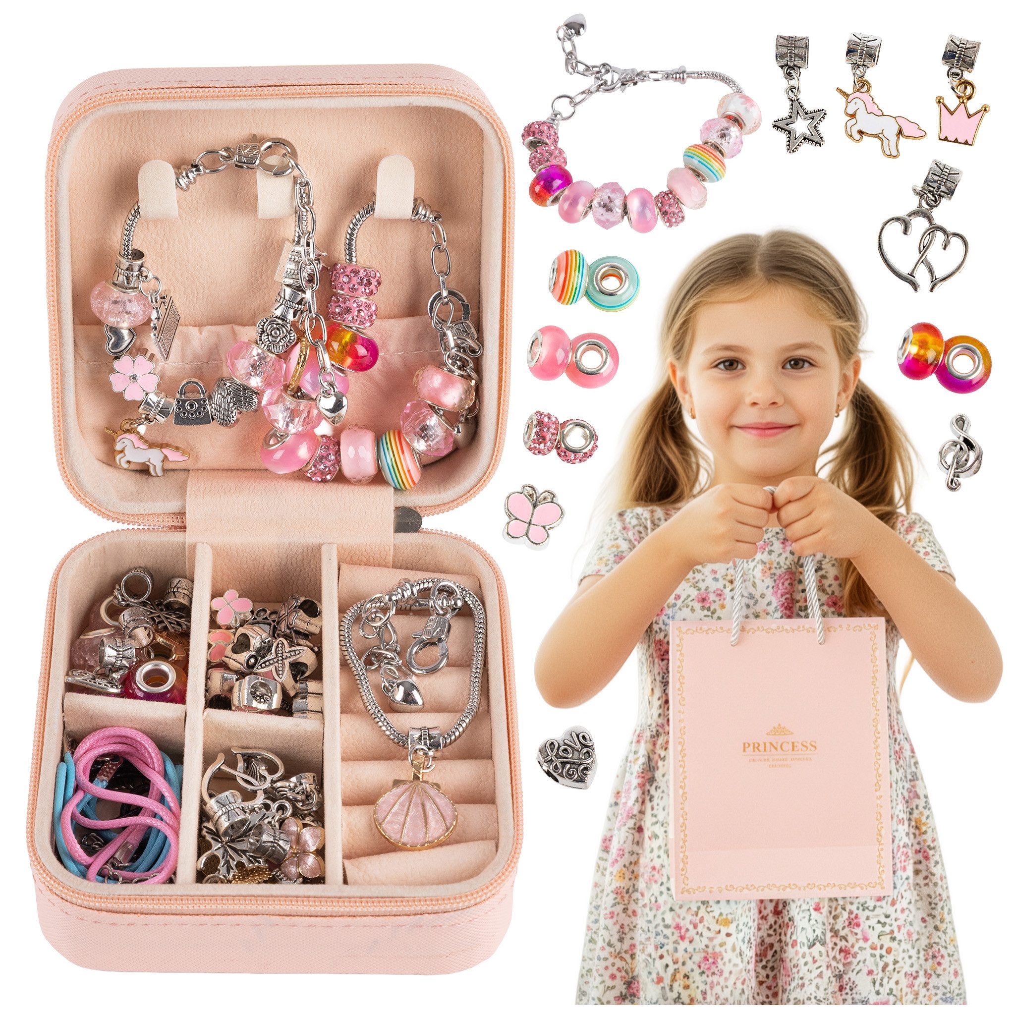 Kinderplay Dolls & Strollers Bettelarmband Set Kreatives Schmuck-Set in Schmuckkästchen + Geschenktüte – KP2617 (68-tlg)