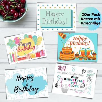 Domelo Geburtstagskarte Geburtstagskarten 20er Set mit Umschlag, Happy Birthday Postkarten, Grußkarten 20er Set, Kraftpapier Karten zum Geburtstag