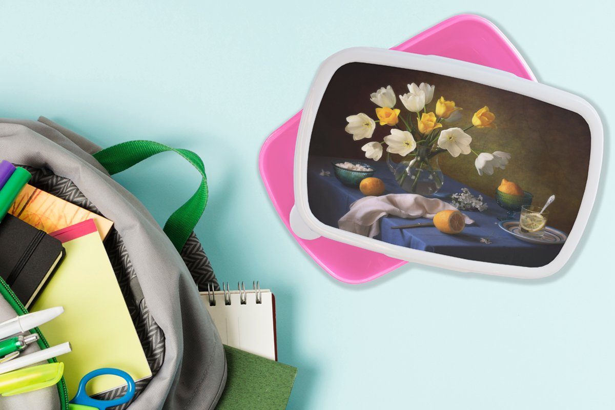 Mädchen, Tisch, Brotdose für Snackbox, Kinder, Kunststoff, Stillleben Erwachsene, - - (2-tlg), rosa MuchoWow Kunststoff Farben Brotbox Lunchbox