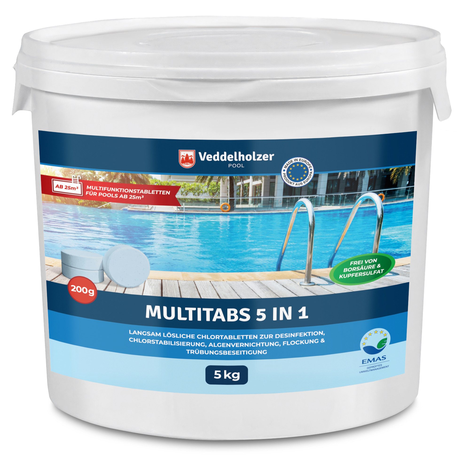 Veddelholzer Chlortabletten 5 kg Multitabs Langzeit Chlor 5 in 1 langsam löslich Pool Zubehör 200g, (Chlortabletten für Pool, 5 in 1 Multitabs), langzeit Chlor Tabletten zur Reinigung & Desinfektion