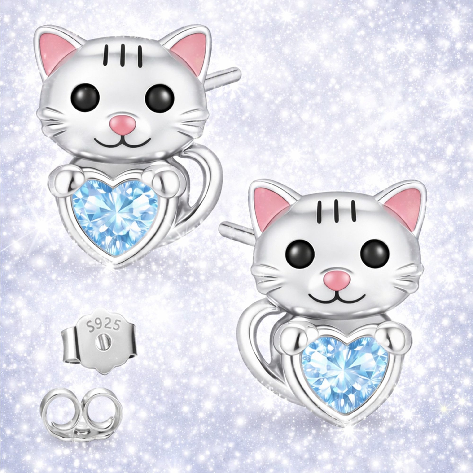 Limana Paar Ohrstecker Kinder Mädchen Katzen Ohrringe 925 Silber – Kinderschmuck (inkl. Dose Silberschmuck Echtschmuck Schmuck Geschenk für Geburtstag), Ostern  – Bild 5 von 5