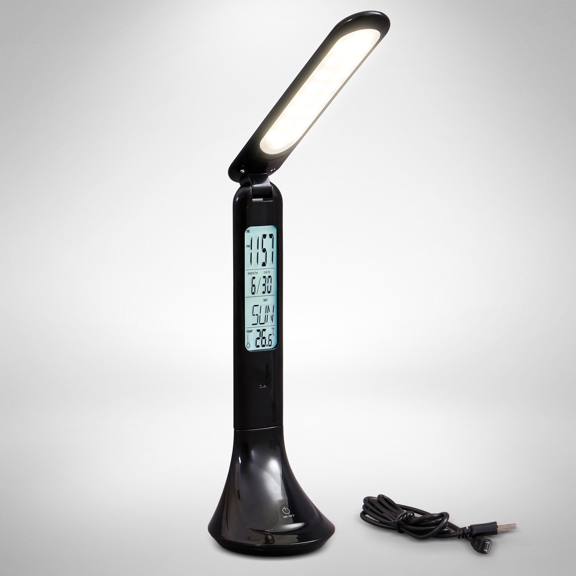 B.K.Licht LED Tischleuchte, Dimmbare LED Tischlampe, beleuchtetes LCD Display, Uhr, Datum