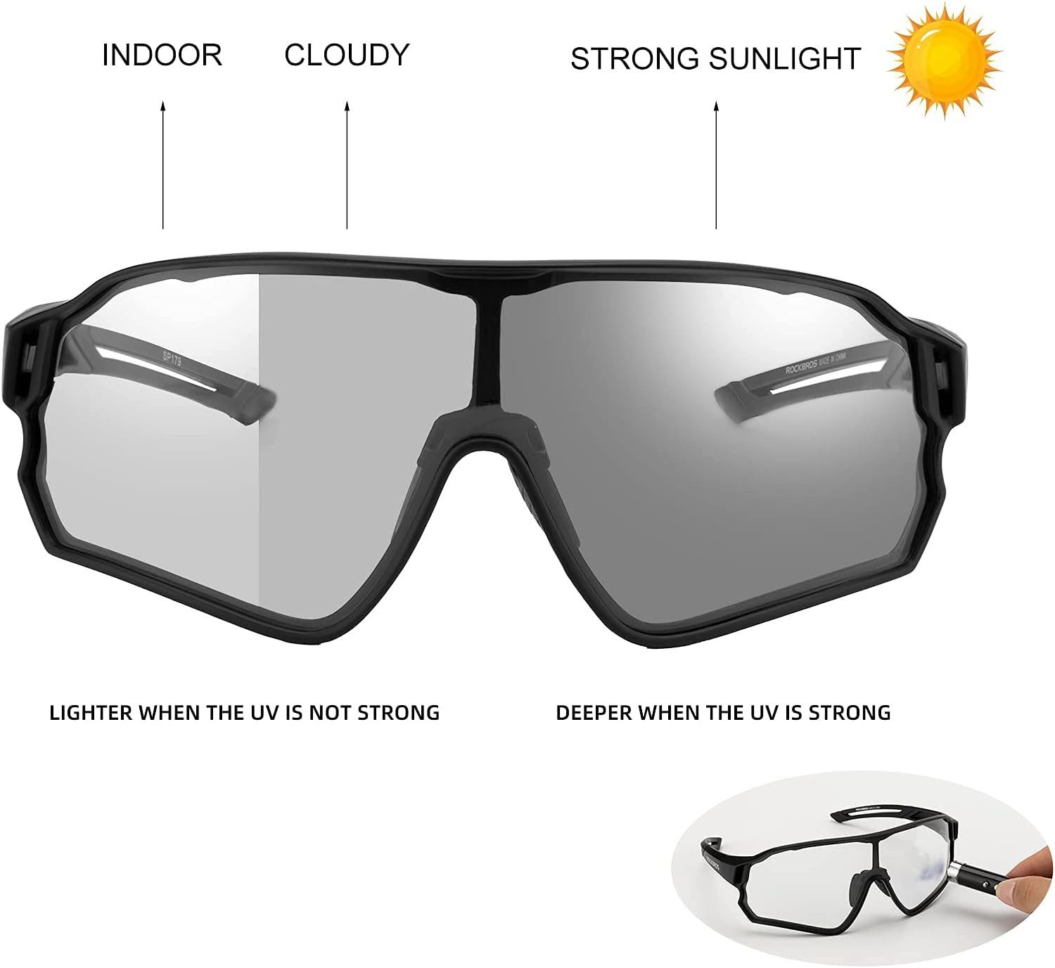 ROCKBROS Fahrradbrille Sonnenbrille UV-Schutz Brille Klar Photochromatisch Fahrradbrille, Sportsbrille für Radfahren Fahren Angeln Golf Herren