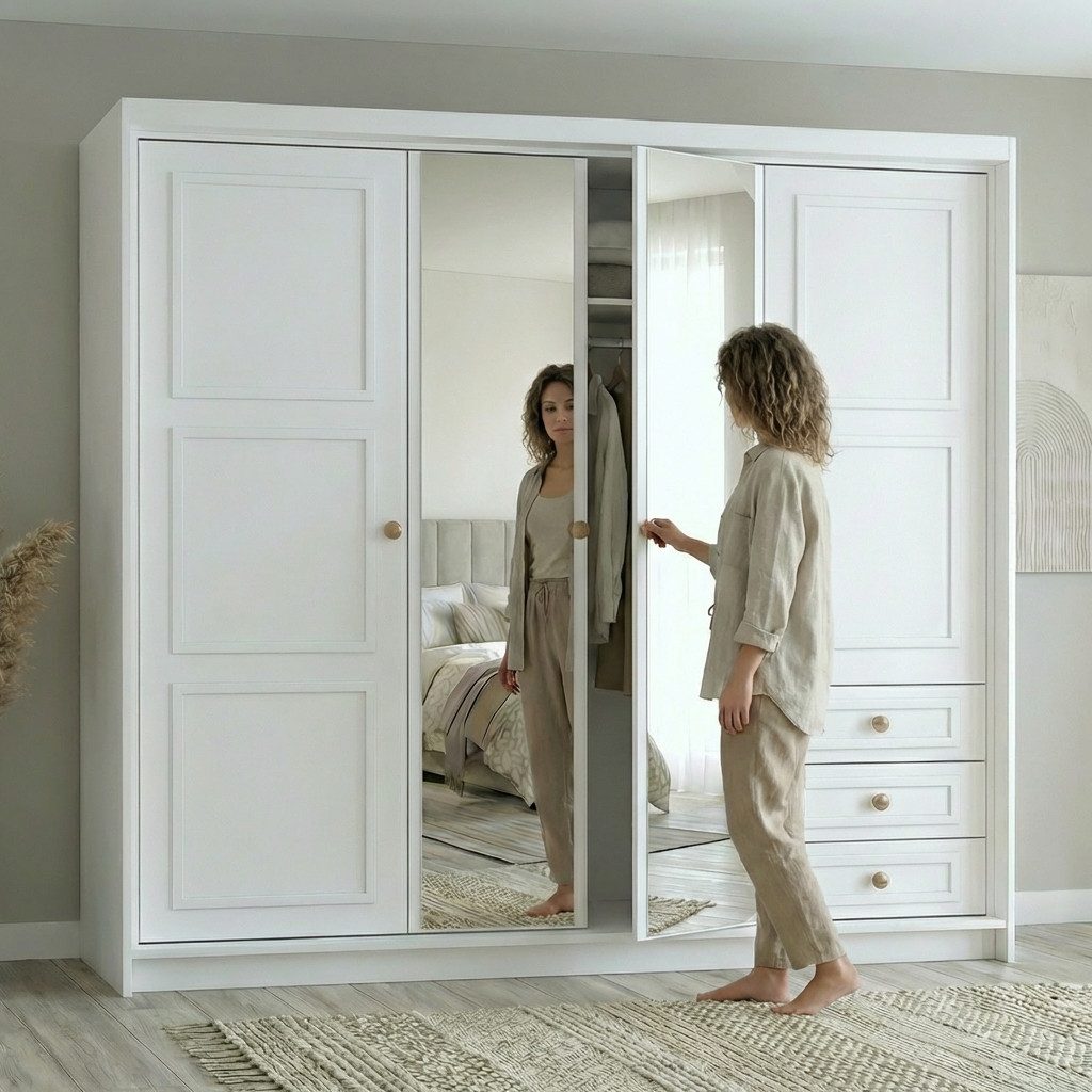 A&J MöbelLand GmbH Drehtürenschrank OSLO viertüriger Kleiderschrank mit Schubladen und Metallgriffen (Geräumiger viertüriger Kleiderschrank mit Schubladen und Metallgriffen. Geräumiger Schrank mit einer Breite von 200 cm und Schubladen, ideal zur Aufbewahrung von Kleidung und Accessoires. Viel Stauraum. TOP PRODUKT! Wählen Sie das ideale Modell für Ihr Schlafzimmer!, TOP ANGEBOT) Breite: 200 cm, Höhe: 215 cm, Tiefe: 59,5 cm