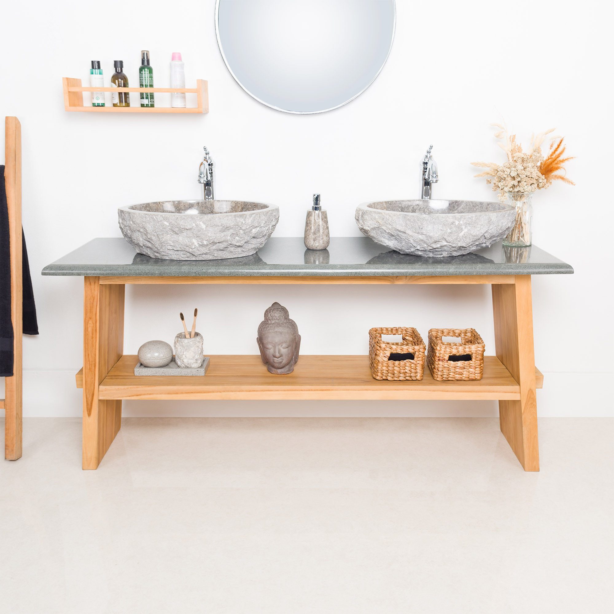 wohnfreuden Waschbeckenunterschrank Teakholz Waschtisch ZEN 160 cm mit Naturstein Platte