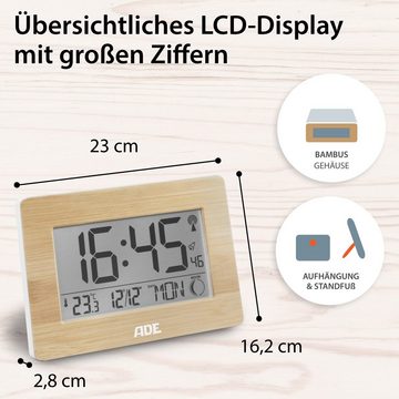 ADE Funktischuhr Digitale Tischuhr und Wanduhr mit großem Display Funkuhr aus Bambus mit Temperaturanzeige, digitaler Wecker, Kalender