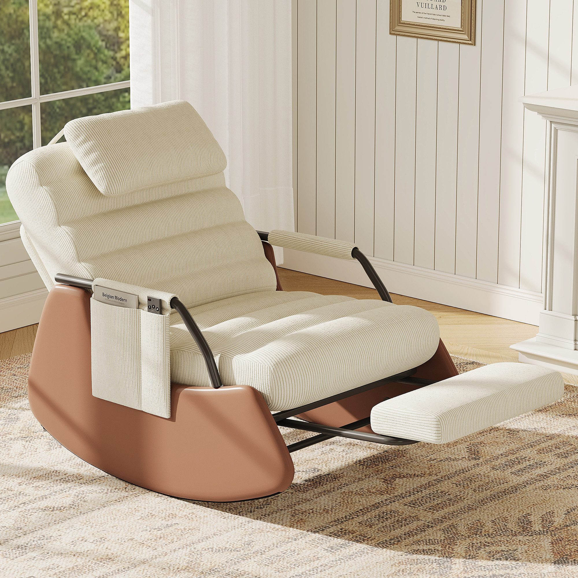 FUROKOY Schaukelstuhl Relaxsessel 3-stufia verstellbare Rückenlehne (Set, 1 St), Wohnzimmersessel mit Armlehnen und Fußstütze Cord,Beige,67x91.5x92cm