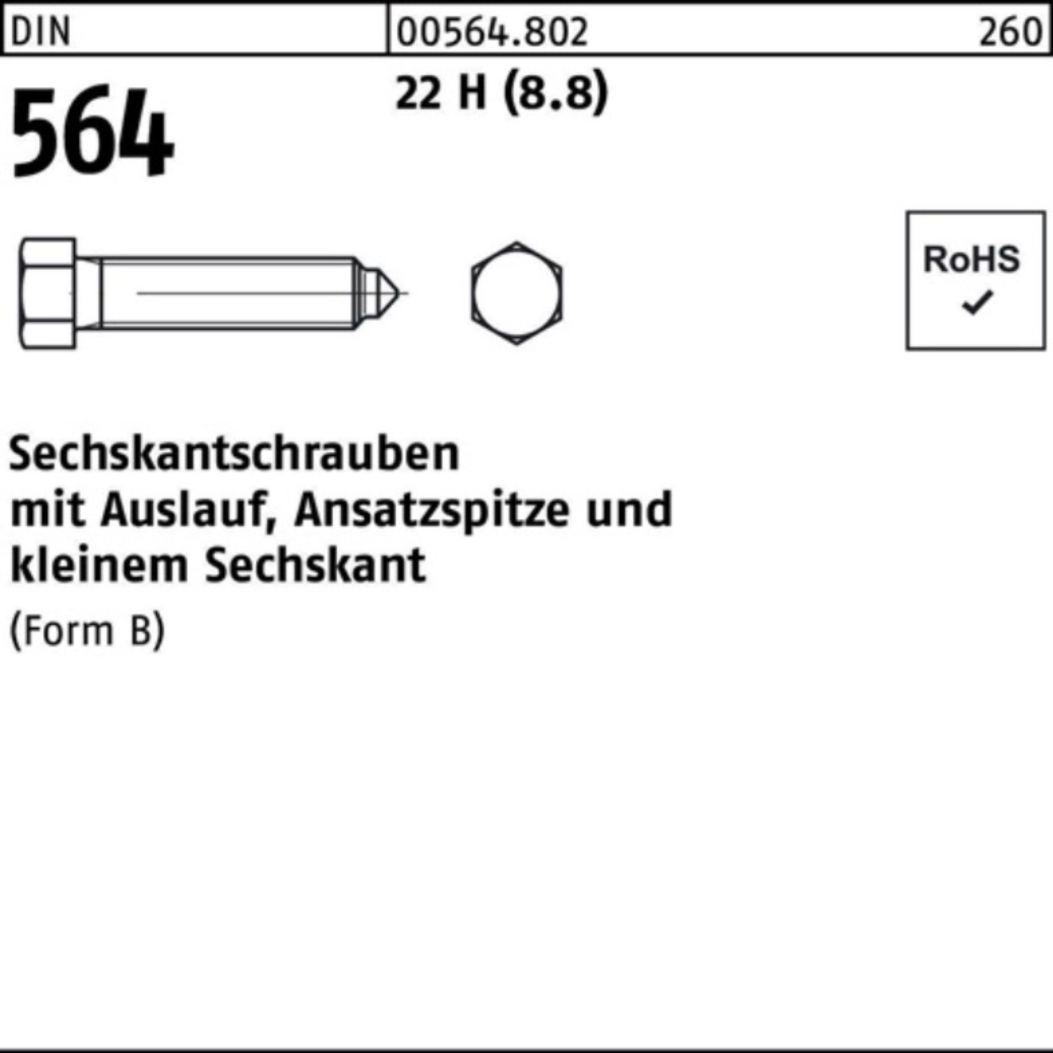 Reyher Sechskantschraube 100er Pack Sechskantschraube DIN 564 Ansatzspitze/Auslauf BM 10x 20 22