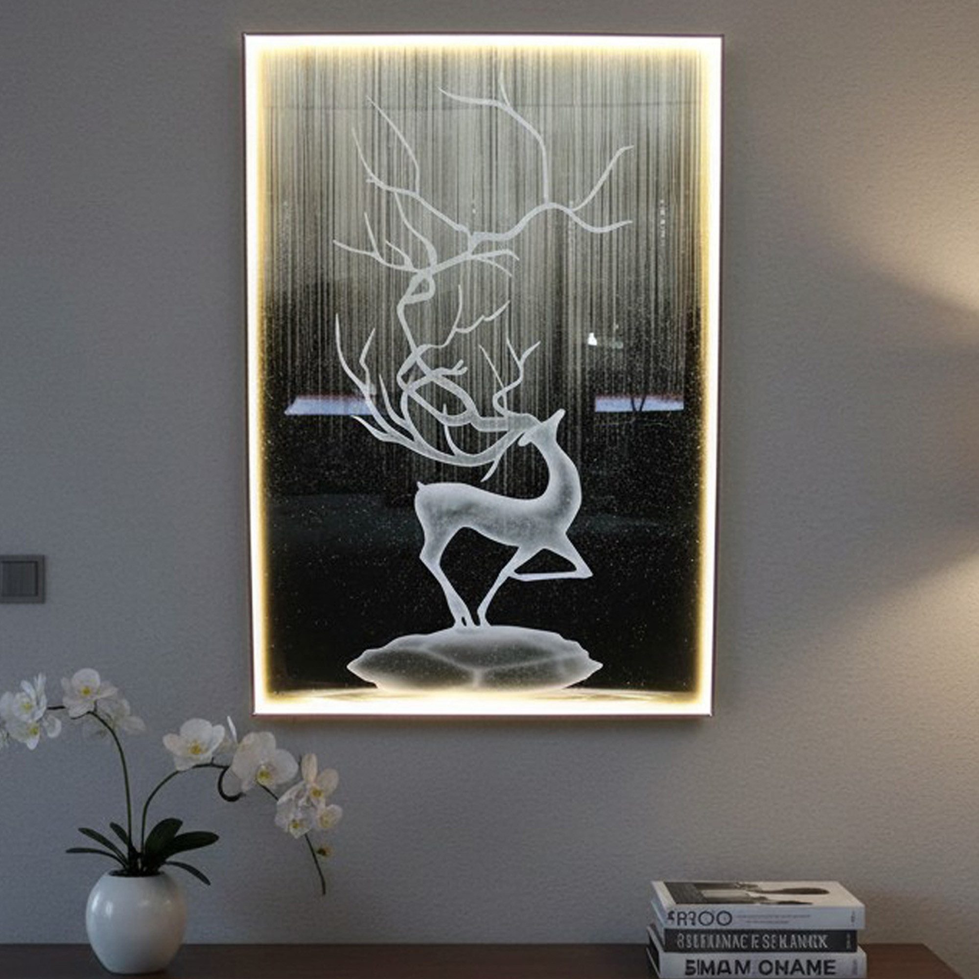 Arnusa Wandbild LED Bild Glasbild groß 100 x 70 cm warmweiß Wanddeko, Hirsch, USB mit Fernbedienung XXL
