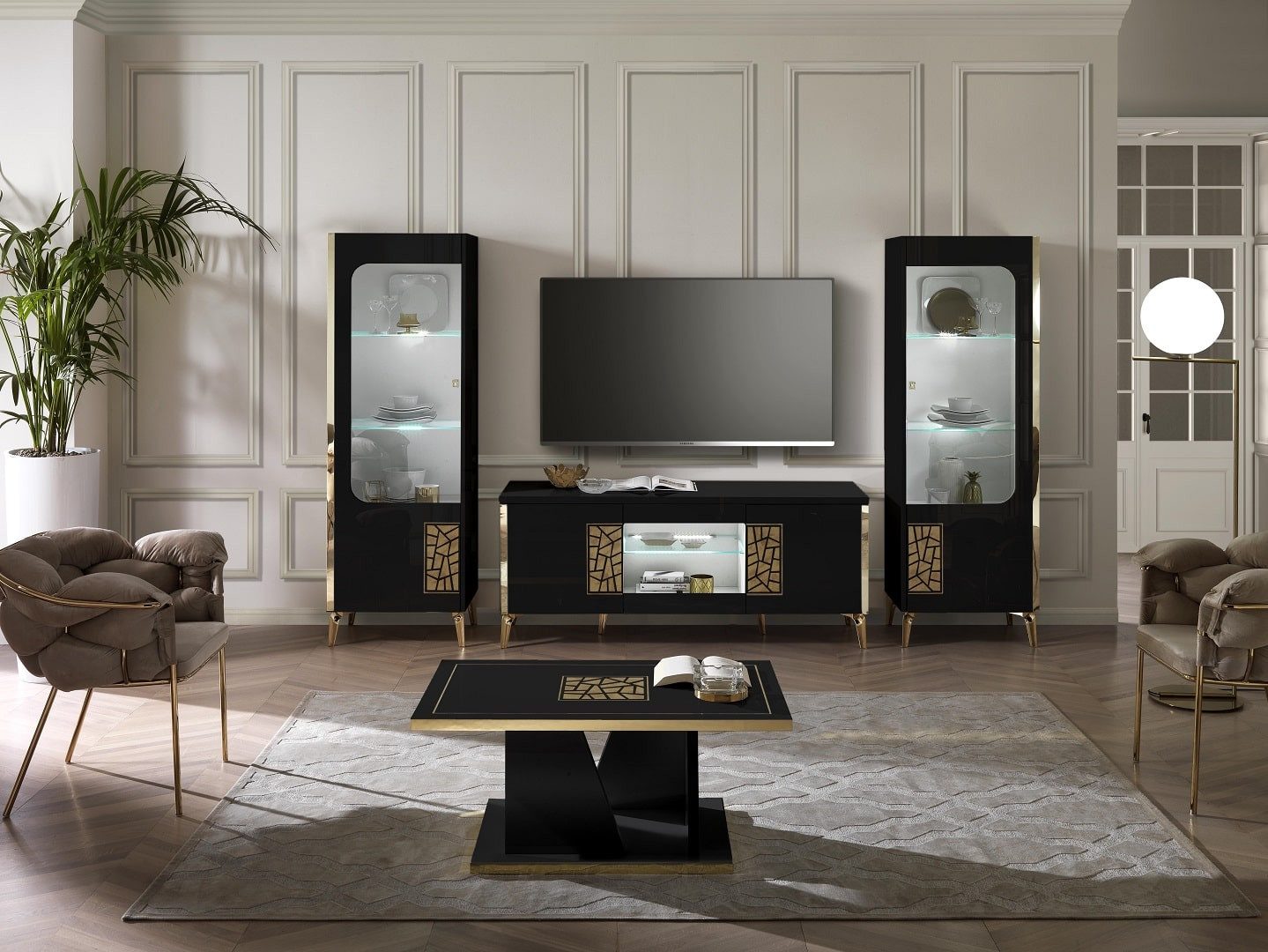 Interdesign24 Wohnwand Stella, (4-Teilig, in Schwarz/Gold Hochglanz), Made in Italy