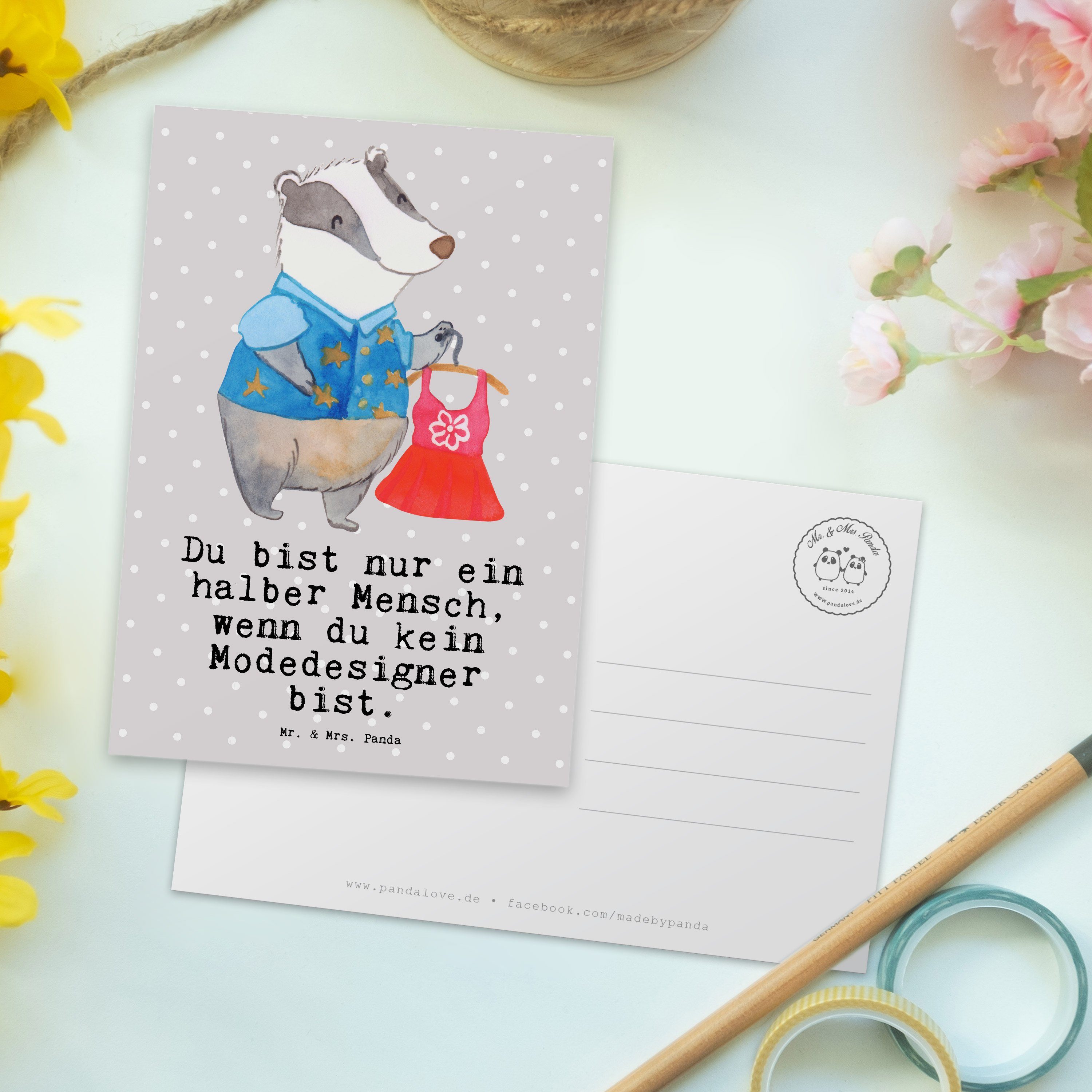 Mr. & Mrs. Panda Postkarte - mit - Geschenk, Modeschöpfer, Herz Modedesigner Grau Fashio Pastell
