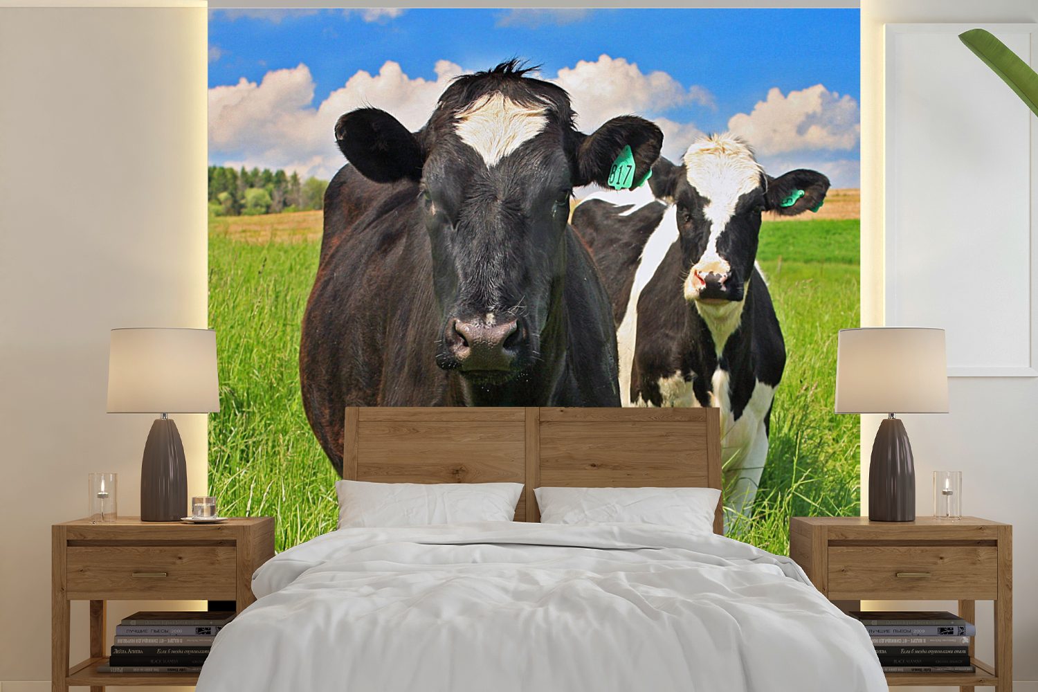 MuchoWow Fototapete Kuh - Gras - Natur - Tiere, Matt, bedruckt, (5 St), Vinyl Tapete für Wohnzimmer oder Schlafzimmer, Wandtapete