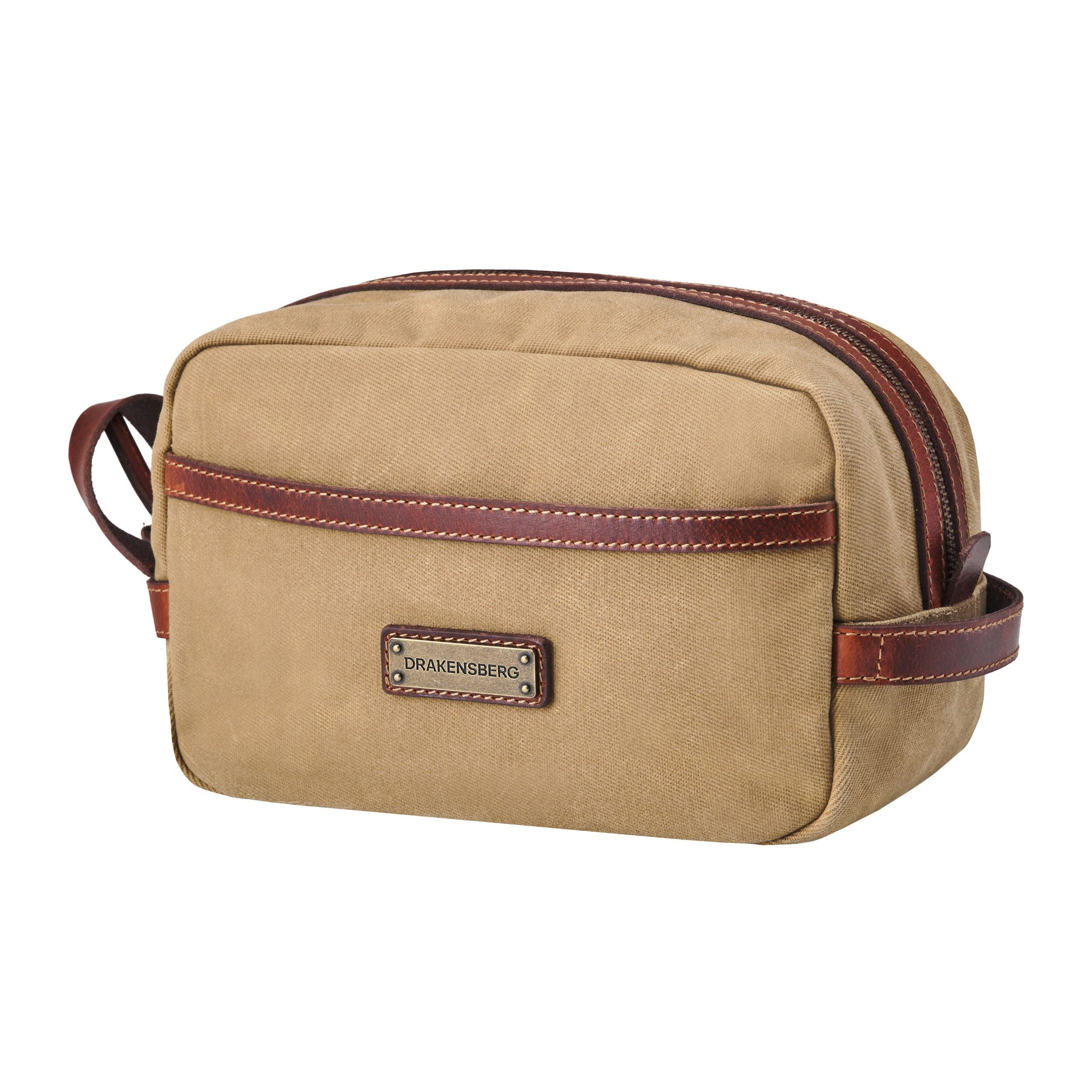 DRAKENSBERG Kulturbeutel »Liam« Khaki-Sand, große wasserfeste Kulturtasche, gewachstes Canvas, Leder