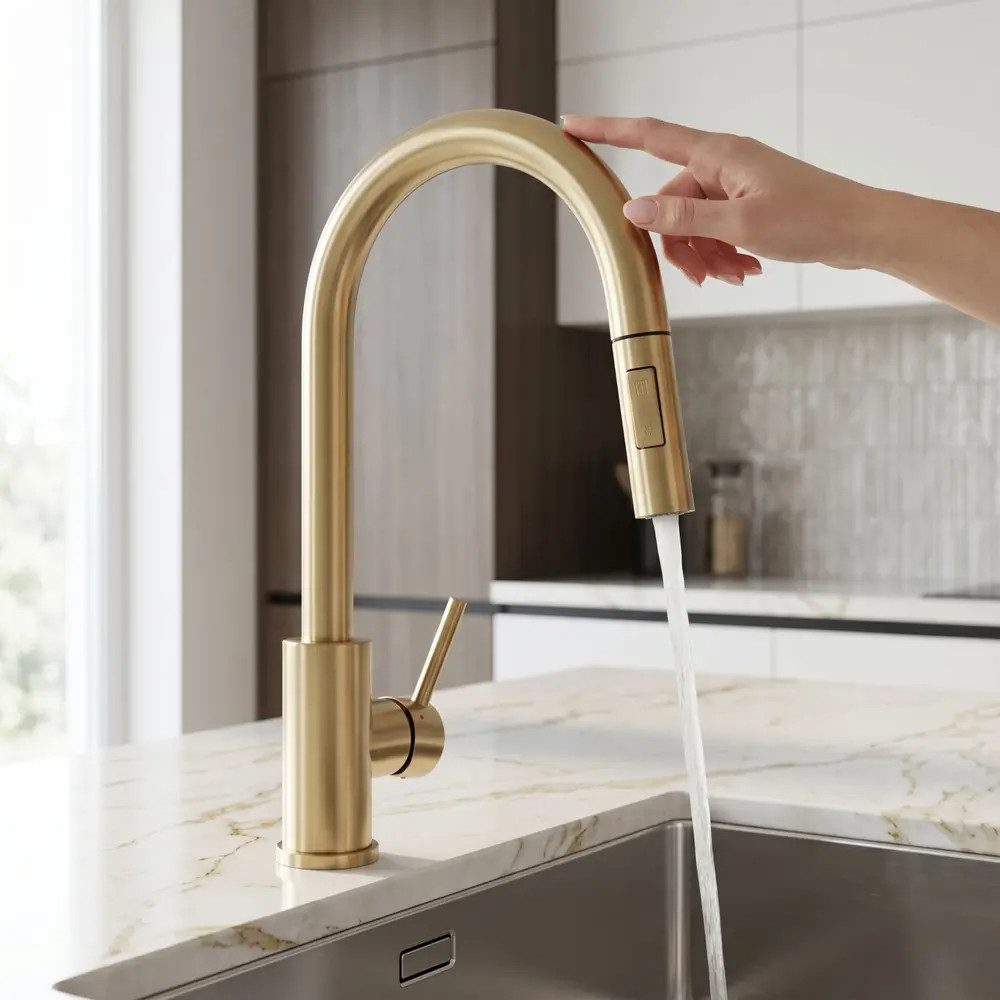 wohnwerk.idee Küchenarmatur Spültischarmatur ausziehbar mit Touch-Funktion Wasserhahn Küche aus robustem Messing, 360° schwenkbar, ausziehbare Brause