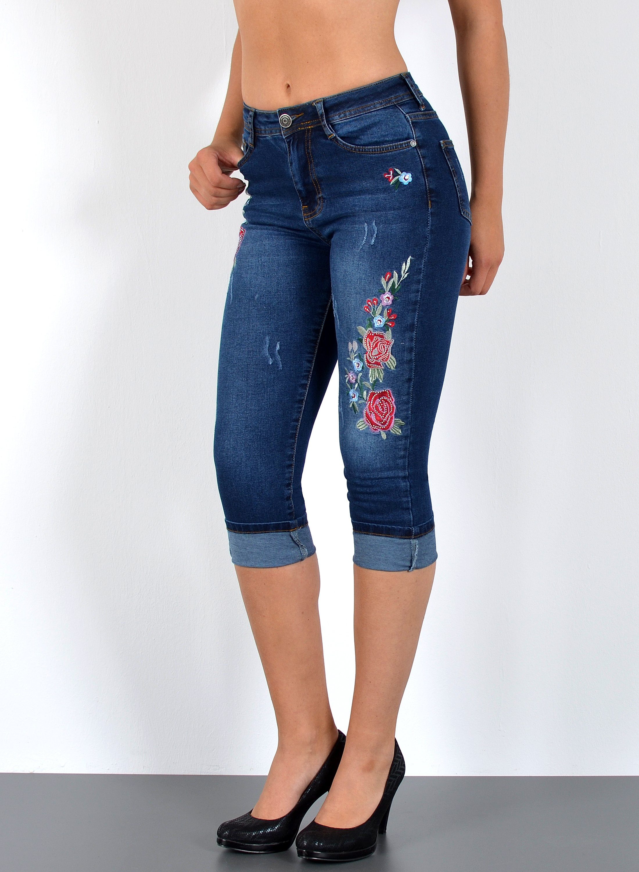 ESRA Caprijeans J374 Damen Capri Jeans High Waist, bis Übergröße / Plussize Größe, Damen Capri Taillenjeans mit hoher Leibhöhe bis übergröße, Damen 3/4 Jeans Hose Hoch Bund, mit Blumen Muster und Rissen, Damen Jeans Caprihose Destroyed