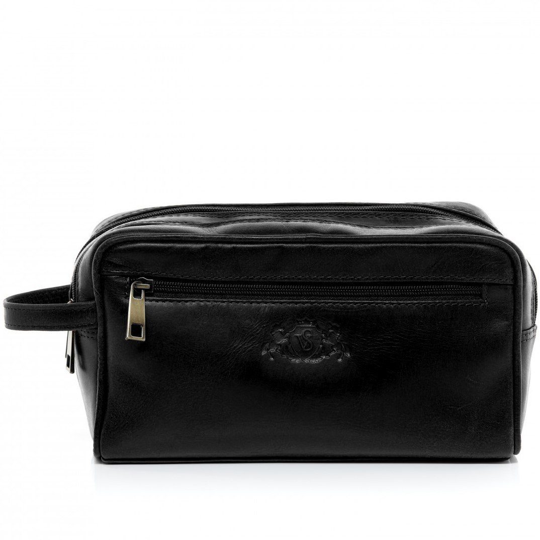 Kosmetiktasche echt Leder Kulturtasche groß schwarz GATWICK