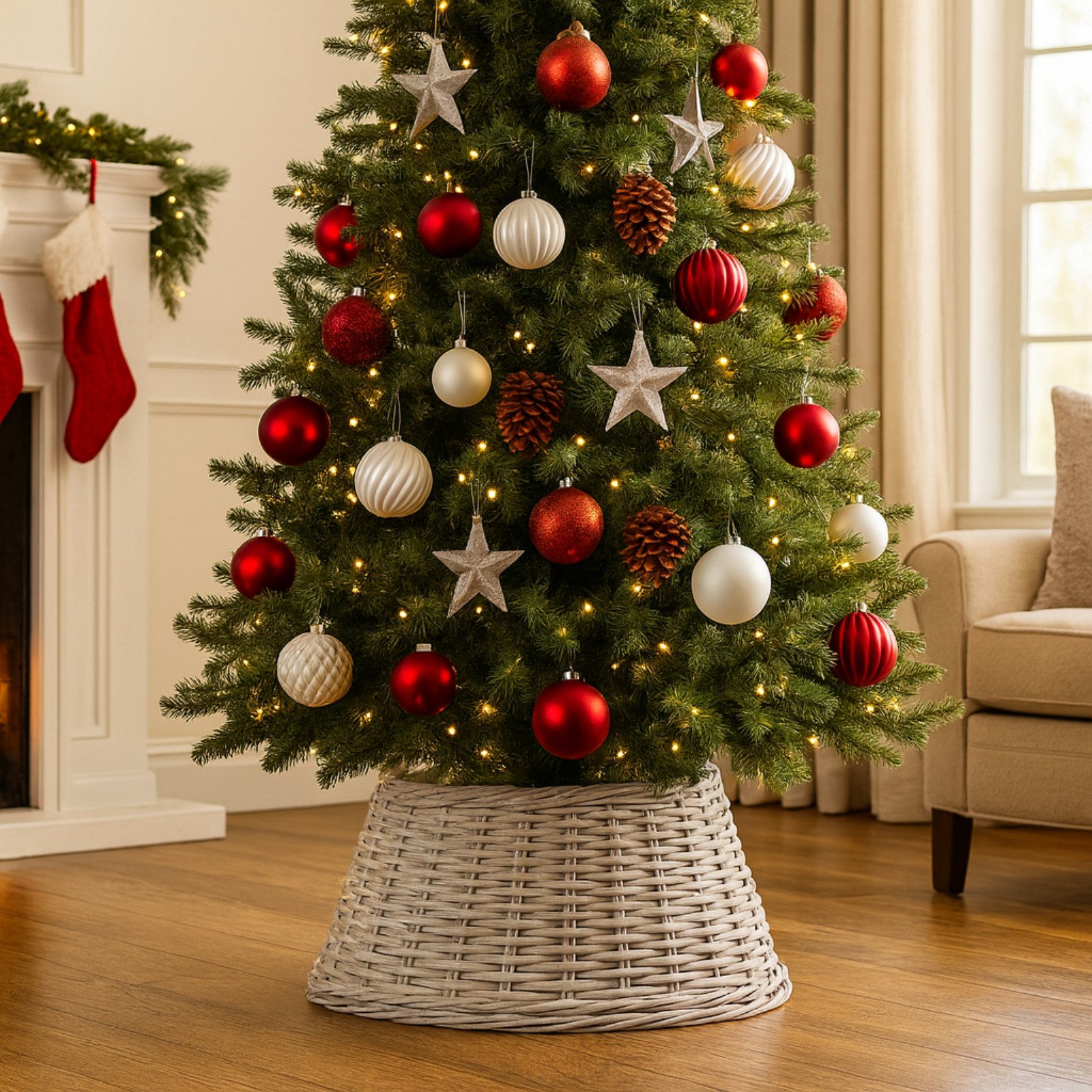 Van der Leeden Weihnachtsbaumdecke Baumrock Fuß Umrandung Ø 60 cm Weiß Rattan Weide Rustikal (1-tlg), Abdeckung Weihnachtsbaum Ständer, Höhe 26cm, Handmade