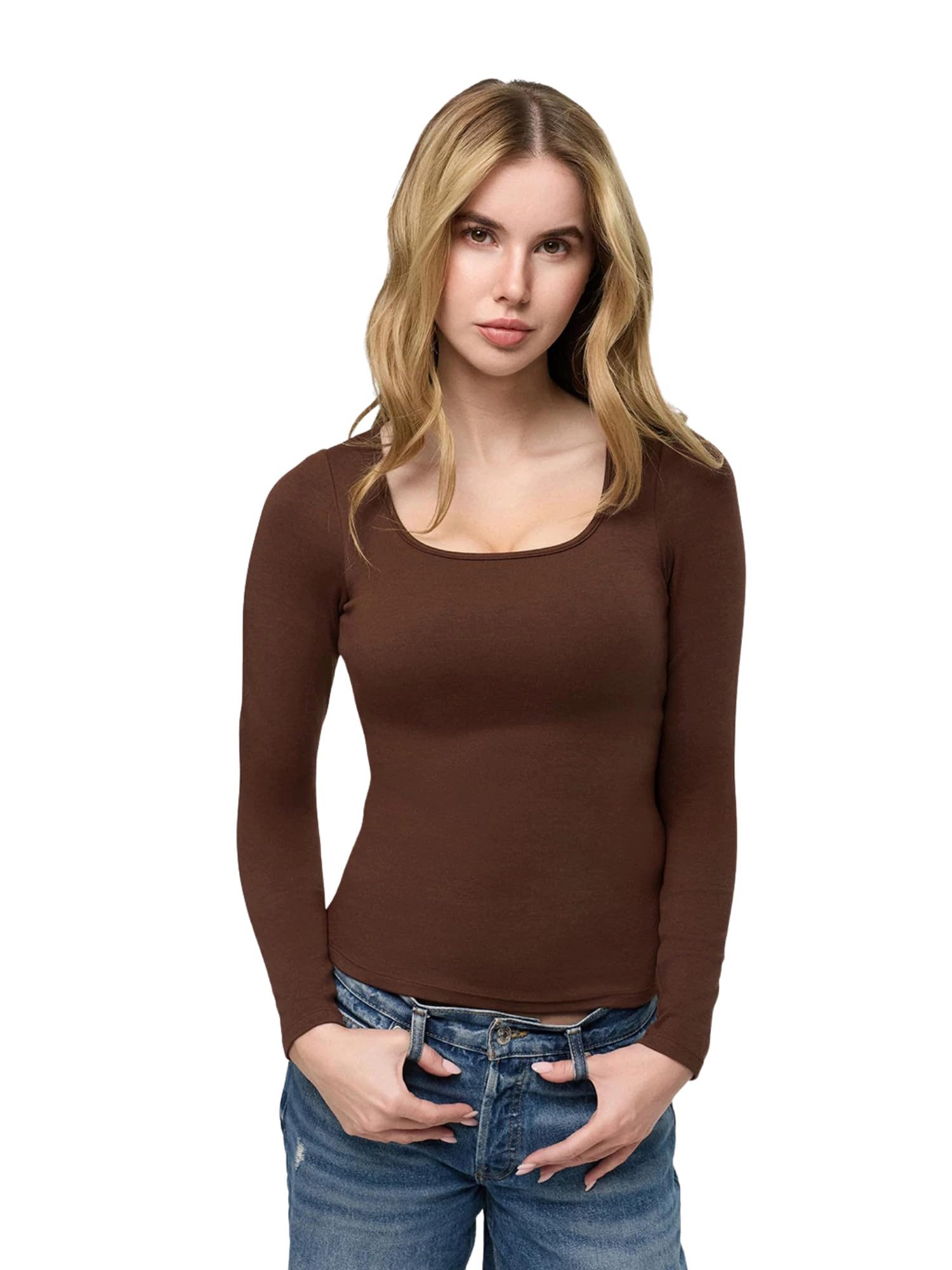 cfab (creamy fabrics) BH-Hemd Cotton Longsleeve with Built-In Push-Up Bra-Braun-M (1-tlg)