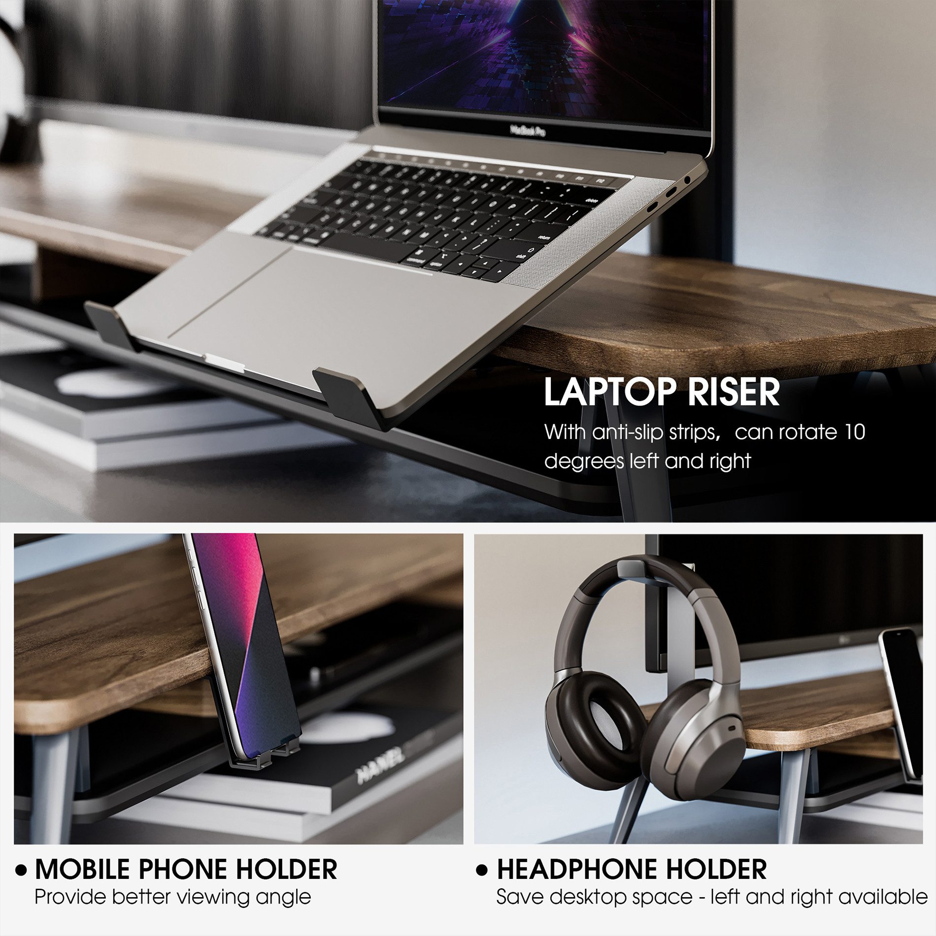 Fenge Monitorständer mit Handyhalterung, Laptop-Ständer und Kopfhörerhaken, 108 cm breit, (Laptop-Ständer verstellbar, wasserabweisend, kratzfest) – Bild 3 von 5