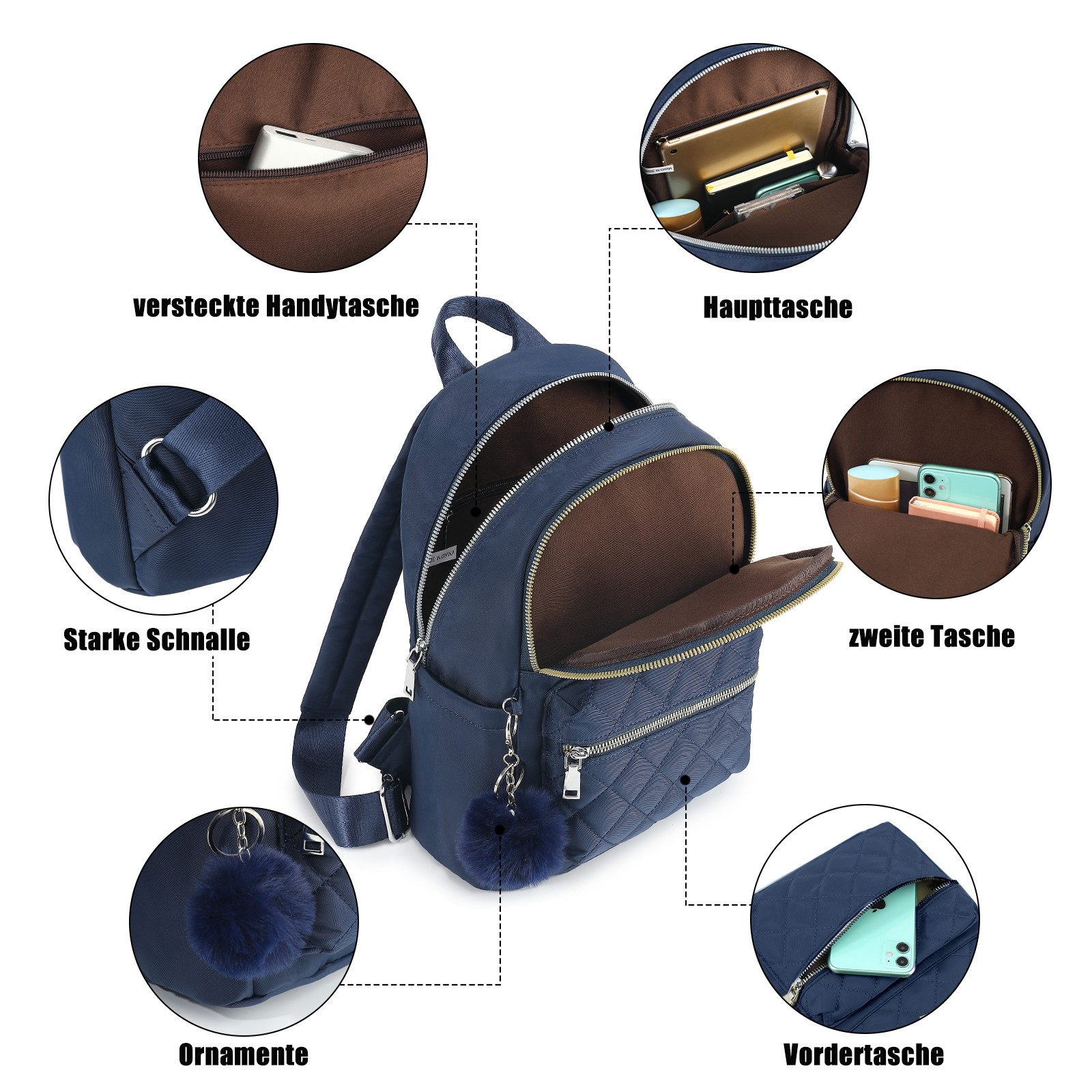 TAN.TOMI Daypack Cityrucksack, Damen Klein Rucksack, Nylon Wasserdicht Daypacks, mit Anhänger Quaste hängen Tasche Diebstahlsicher Casual Daypack – Bild 4 von 5