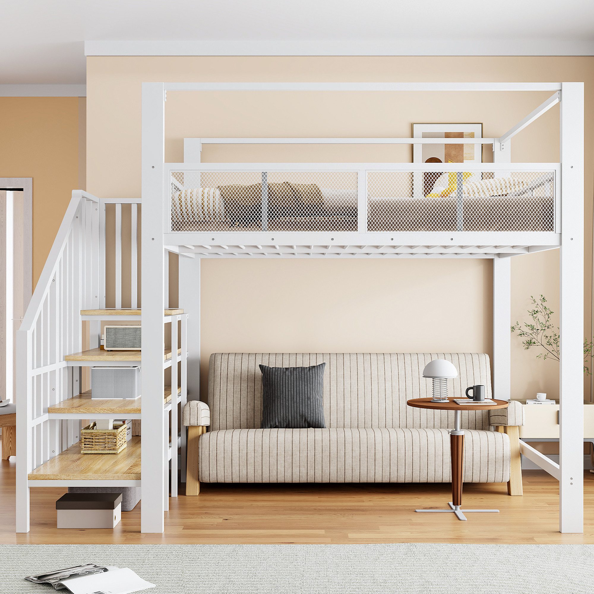 Flieks Hochbett Metallbett Kinderbett 140×200cm mit Stauraumtreppe