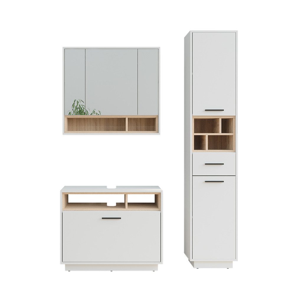 Badmöbel-Set Beatrice, Weiß/Sonoma, 3 Teile mit Hochschrank