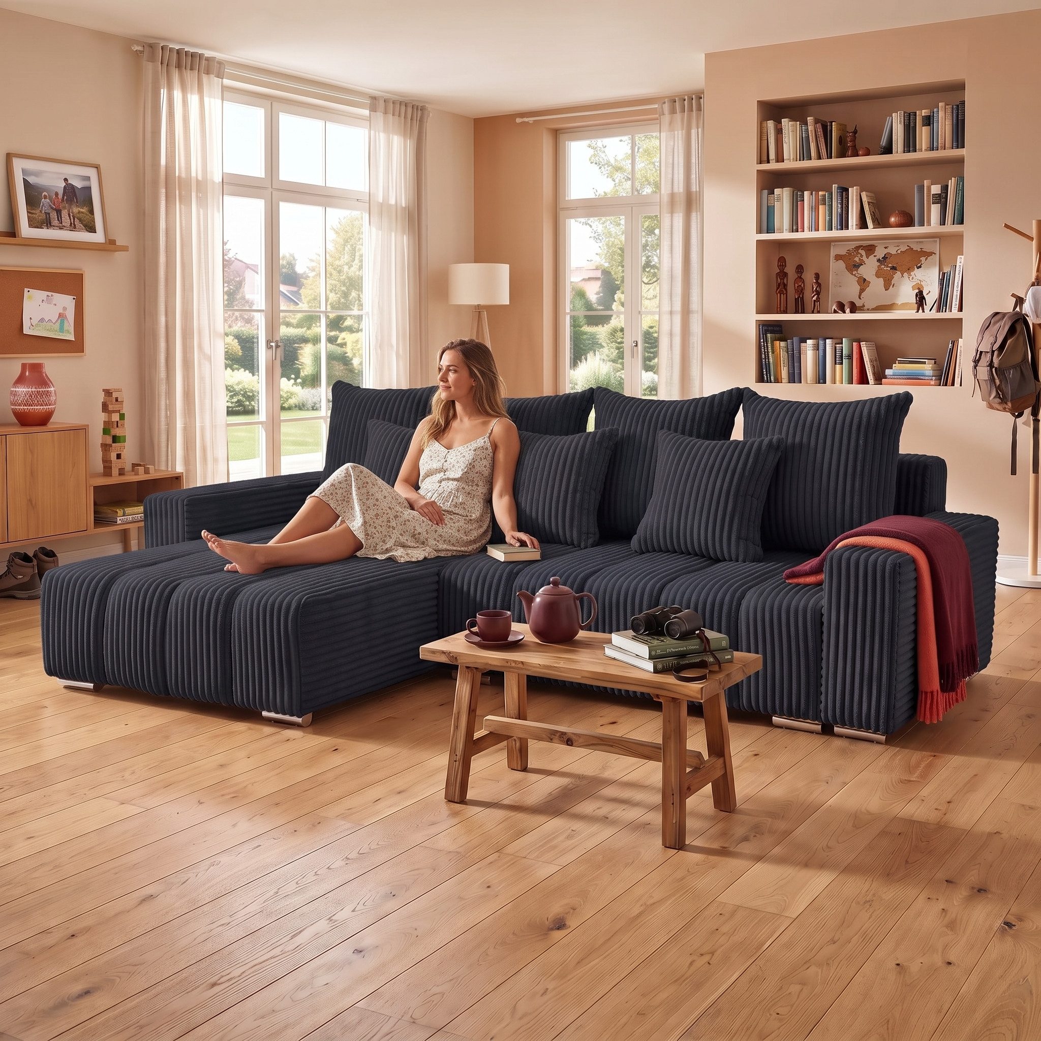 Muffo Ecksofa PIANO, elegante vertikale Nähte, Bettzeugablage, Schlaffunktion 234x137, Lose Rückenkissen