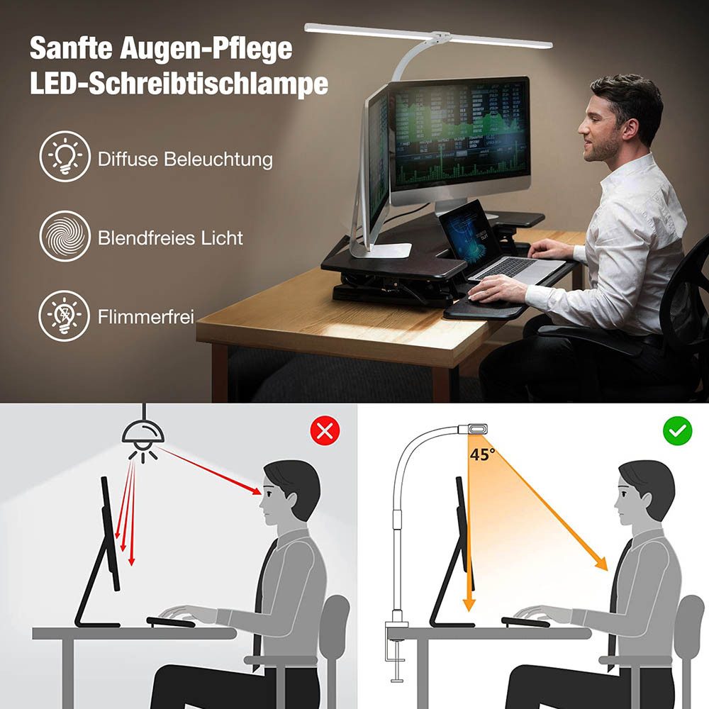 Sunicol LED Schreibtischlampe Doppelkopf klemmbar Schreibtischlampe, Dimmbar LED Tischlampe, 3000K-6500K, Flexibler Schwanenhals Büro Tischlampe mit Fernbedienu – Bild 5 von 5
