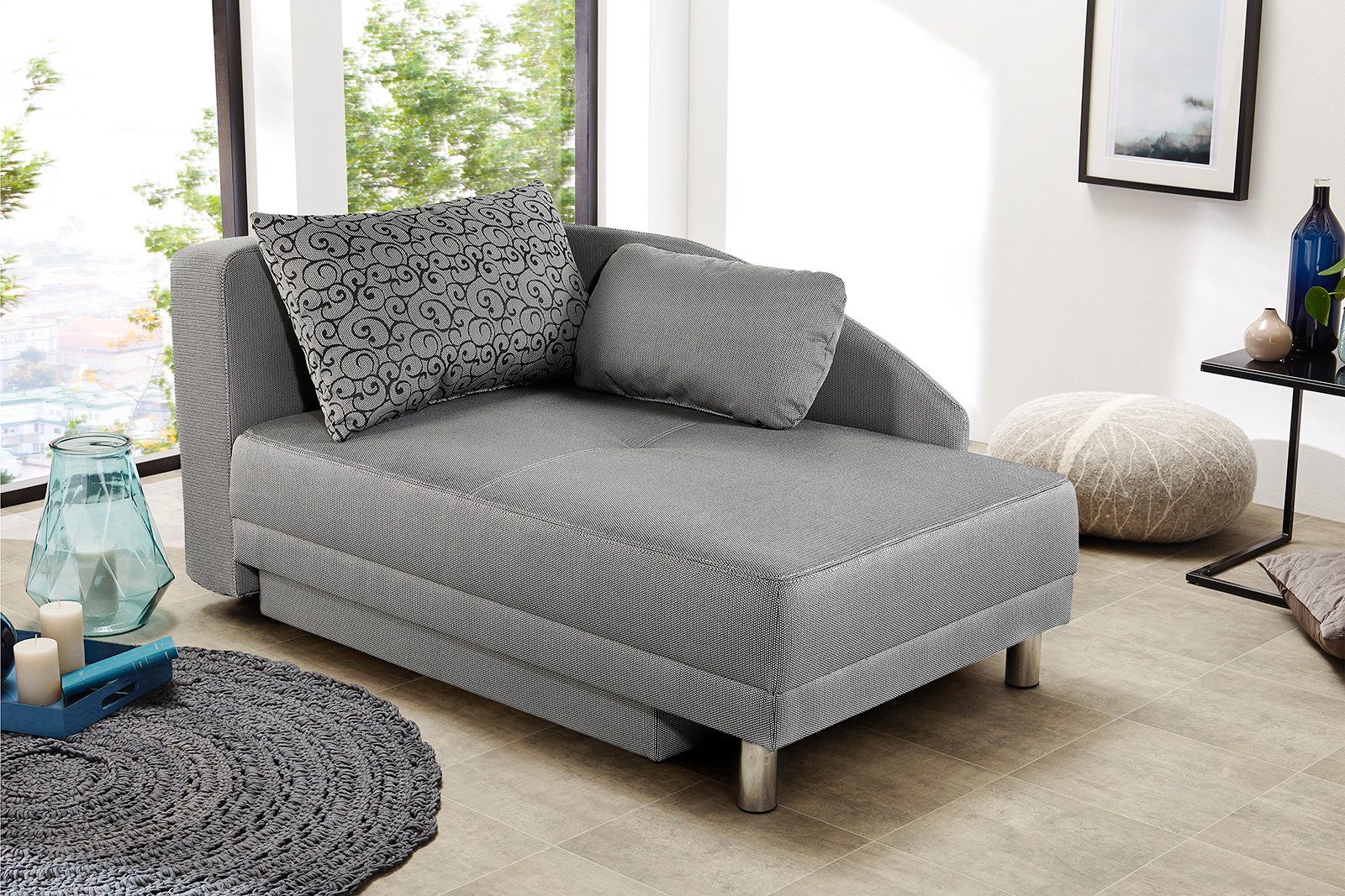 luma-home Recamiere 15122, mit Bettfunktion B149/T90/H80 cm, Federkern, Bettkasten, Liegefläche 200x84 cm, Flachgewebe Hellgrau