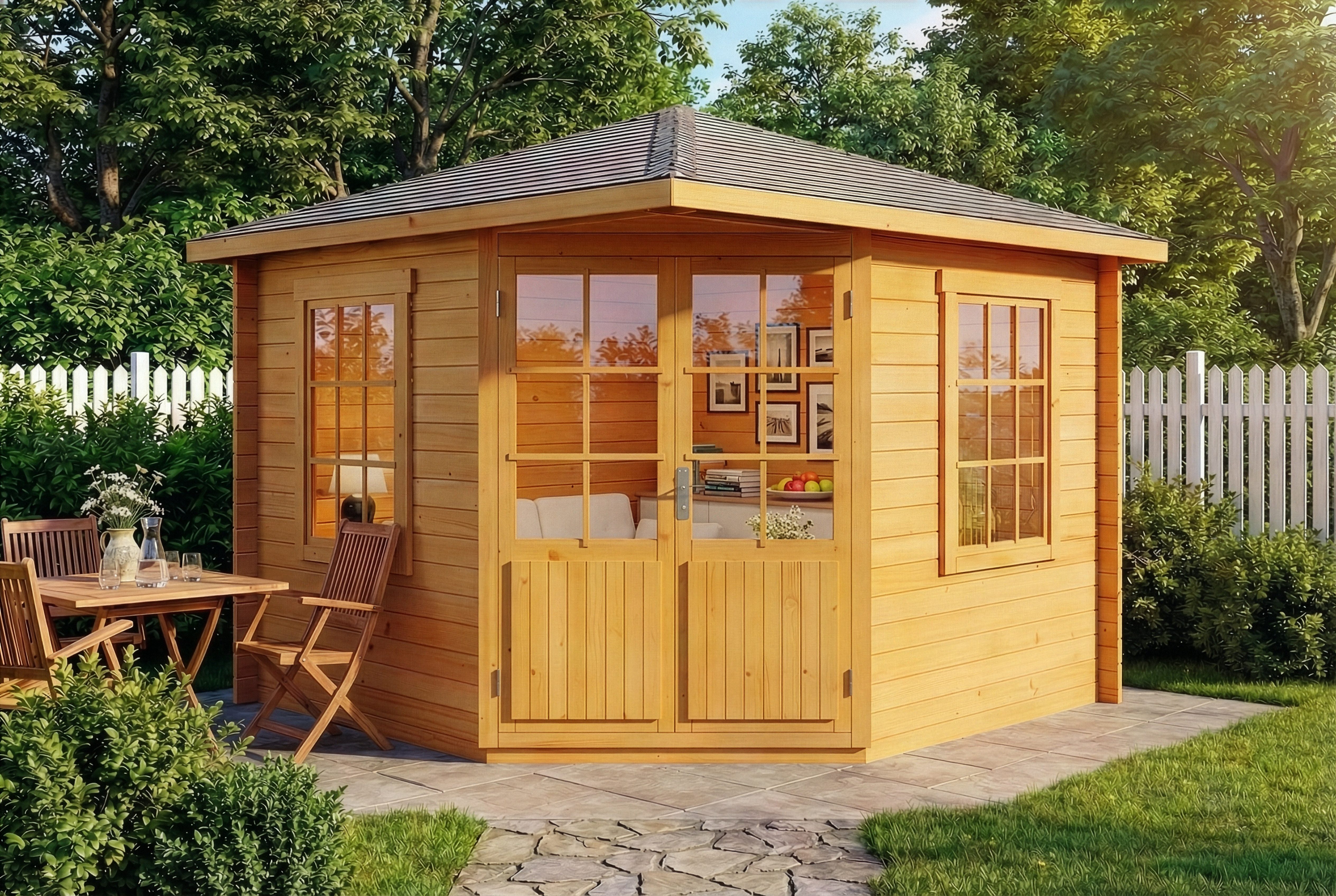Alpholz Gartenhaus Holz 5-Eck Monica, BxT: 320x320 cm, in Imprägniert (Pinie) mit 28mm Wandstärke