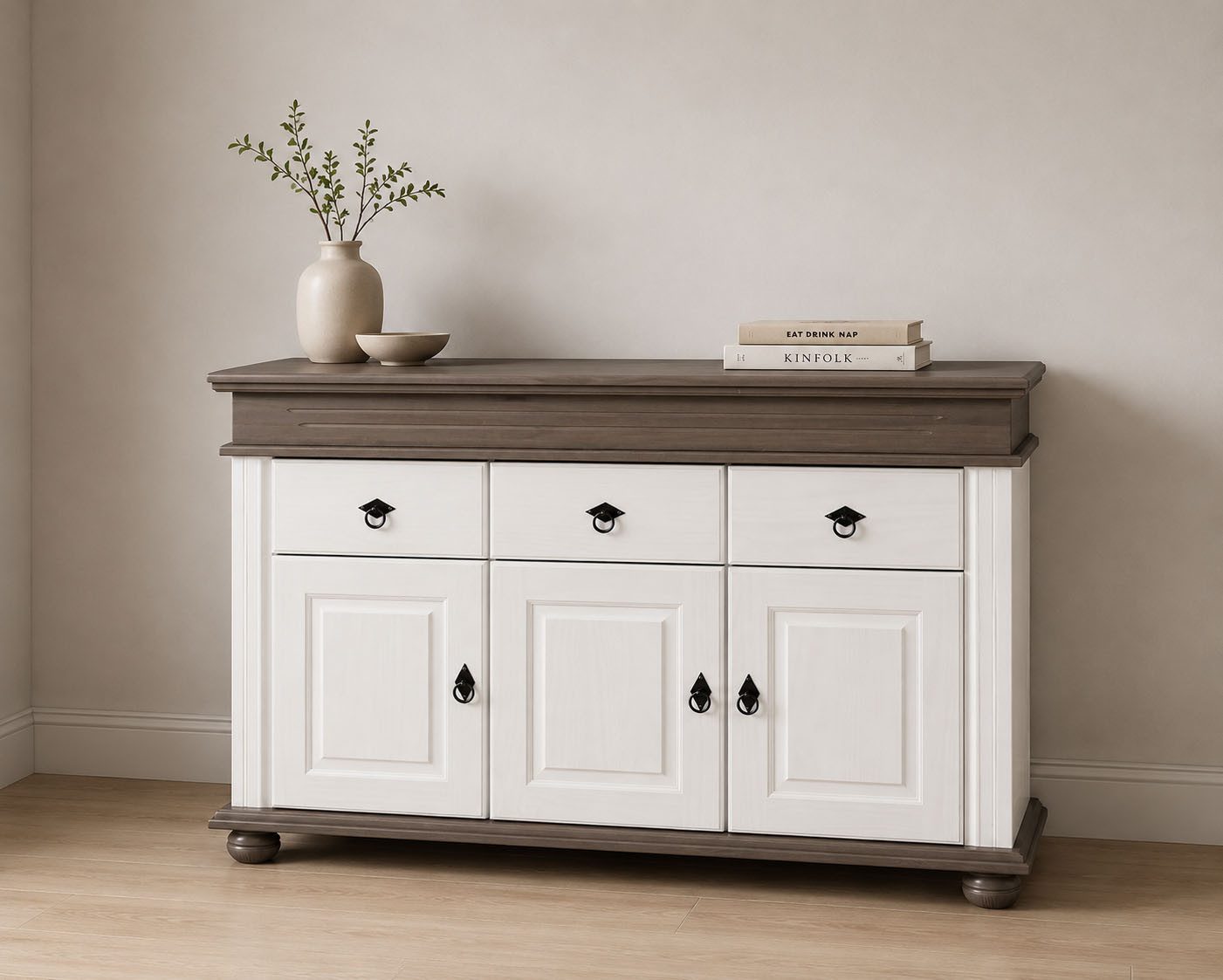 Inter Link Anrichte Halmaro, Kiefer Massivholz, Soft-close, 141 x 46 x 100 cm, Stauraum (1 St), Sideboard in Weiss, Grau/Lava, Landhausstil, 3 Türen, 3 Schubladen