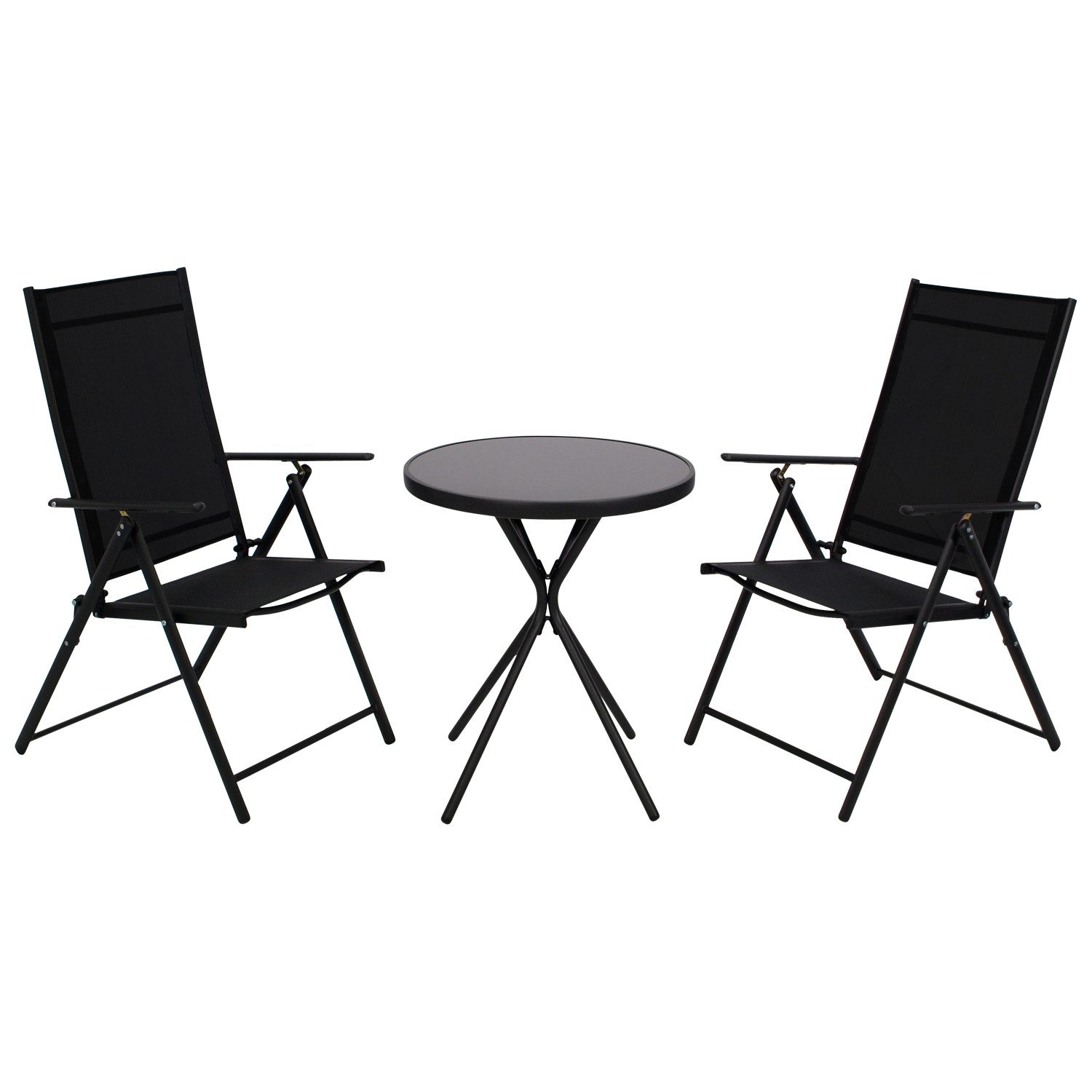 DEGAMO Balkonset MILANO, (3-teilig), Metall anthrazit, Bezug schwarz, Tischplatte rund Glas