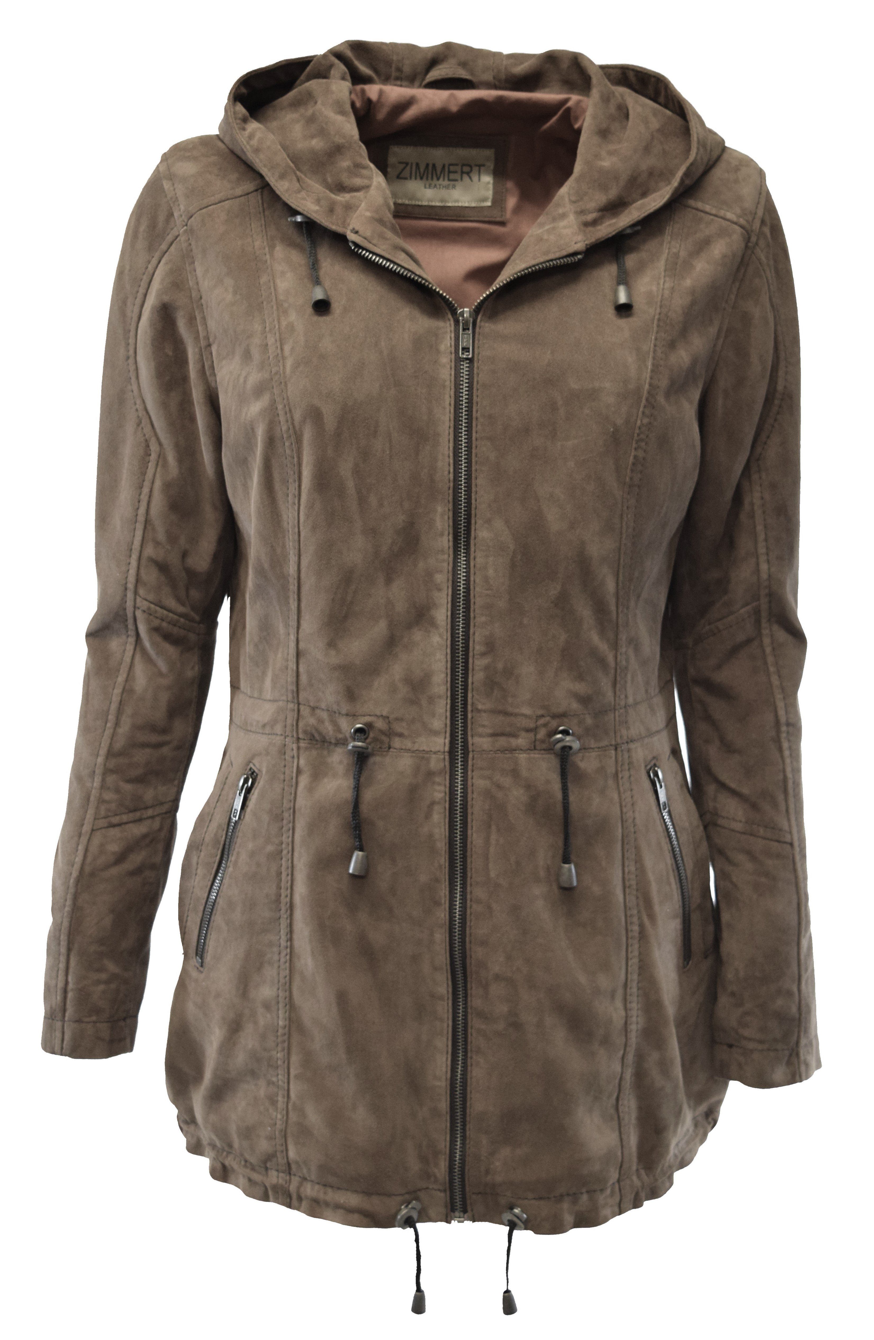 Zimmert Leather Lederjacke Lila Kapuze, lange Jacke, weiches Leder, Wildleder, Ziegenvelour, Grau, Beige Greige