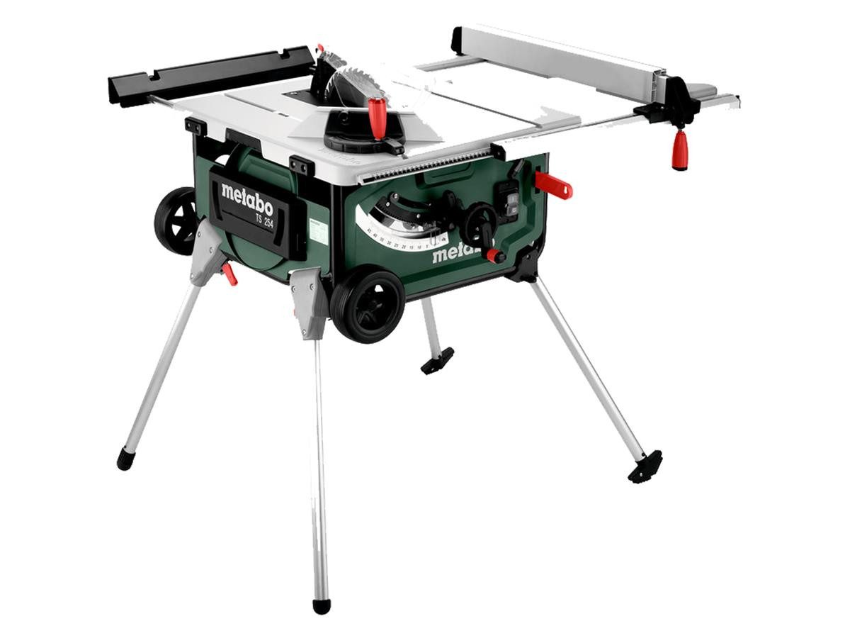 Metabo Professional Tischkreissäge TS 254 254mm, Set, 11-St., inkl. Sägeblatt, Parallel- und Winkelanschlag, Tischverlängerung, mit Untergestell und Trolleyfunktion