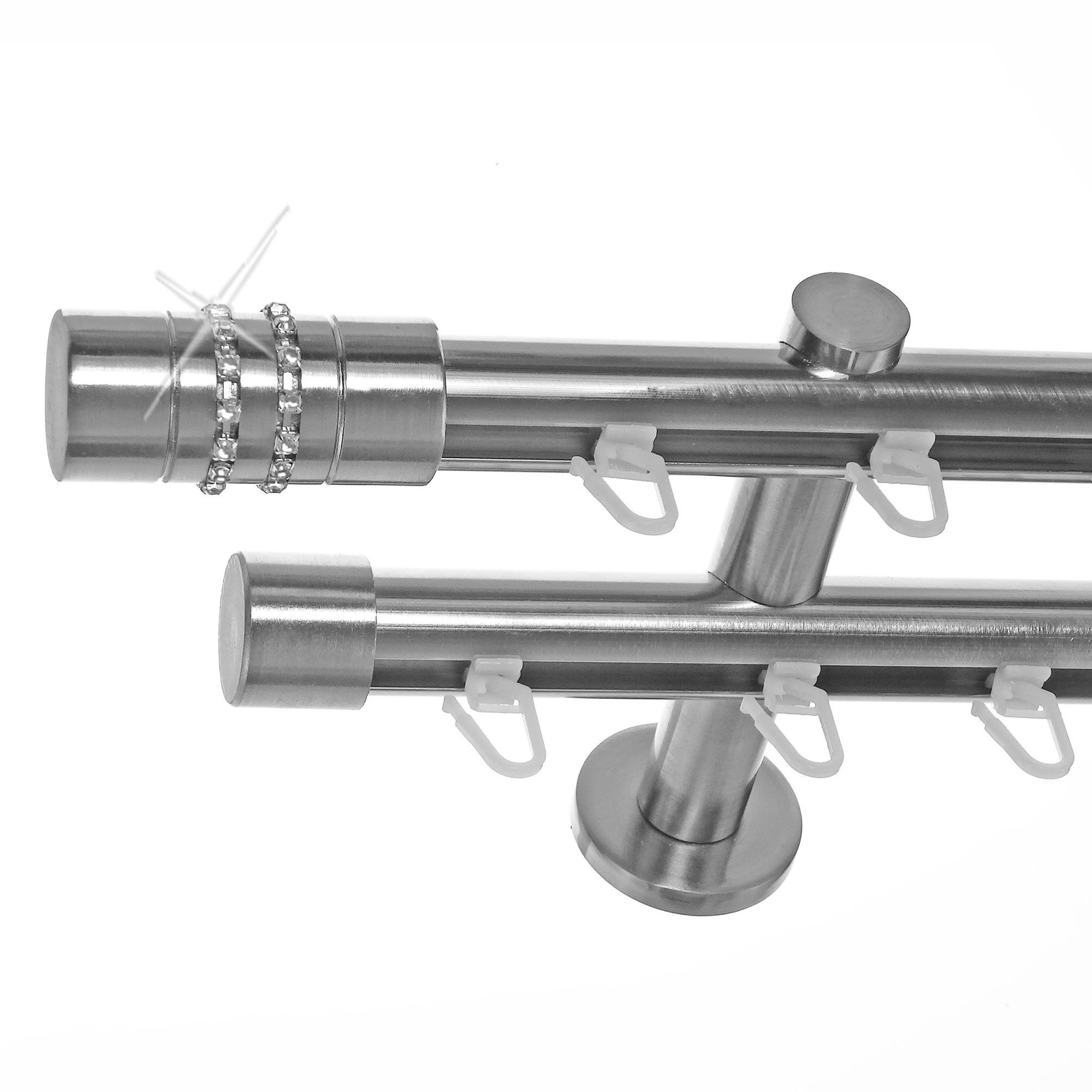 BASIT Gardinenstange Innenlauf Edelstahloptik 20mm mit Wandträgern 120 cm E80, Ø 20 mm, 2-läufig, verschraubt, Aluminium, H40 120 cm E80 Zylinder mit Kristall