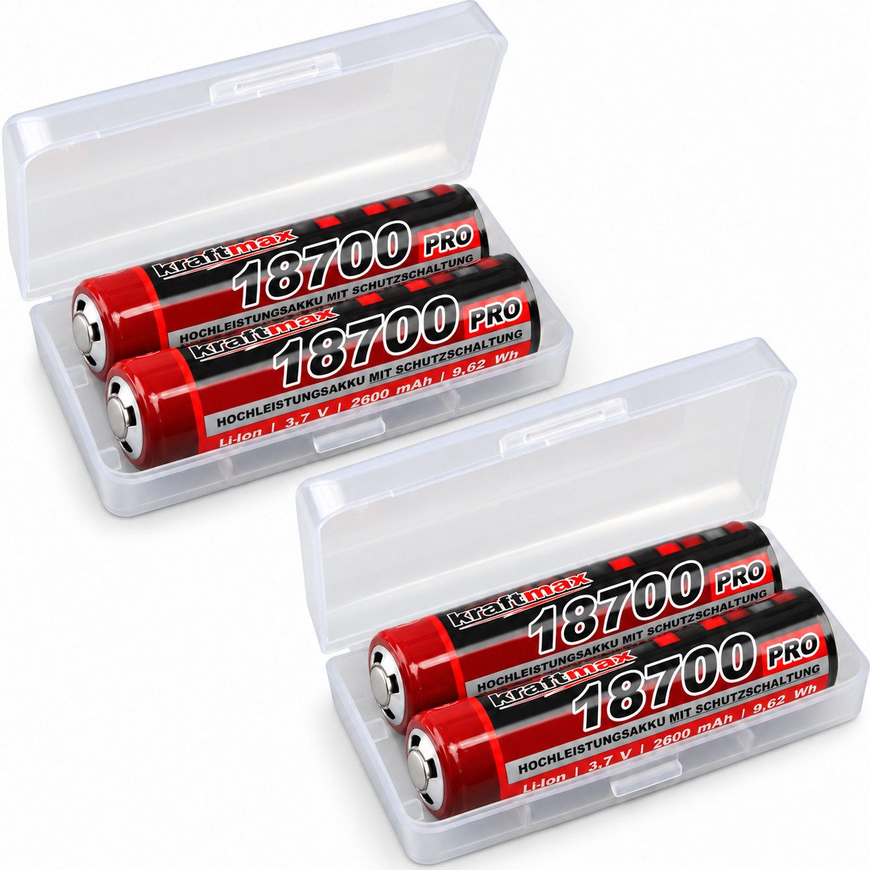 kraftmax 4x 18650 Pro Akku mit PCB Schutzschaltung (3,7V 9,62 Wh) Akku 18650 Pro PCB 2600 mAh (3,7 V V, 1 St), Überladeschutz, …
