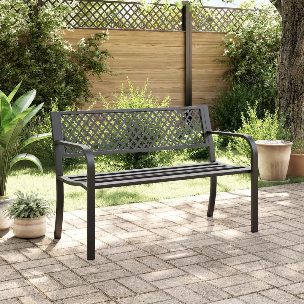 furnicato Gartenbank Stahl Schwarz 119 x 52 x 76 cm, Rostgeschützte Sitzbank mit Armlehnen und Rückenlehne für Terrasse