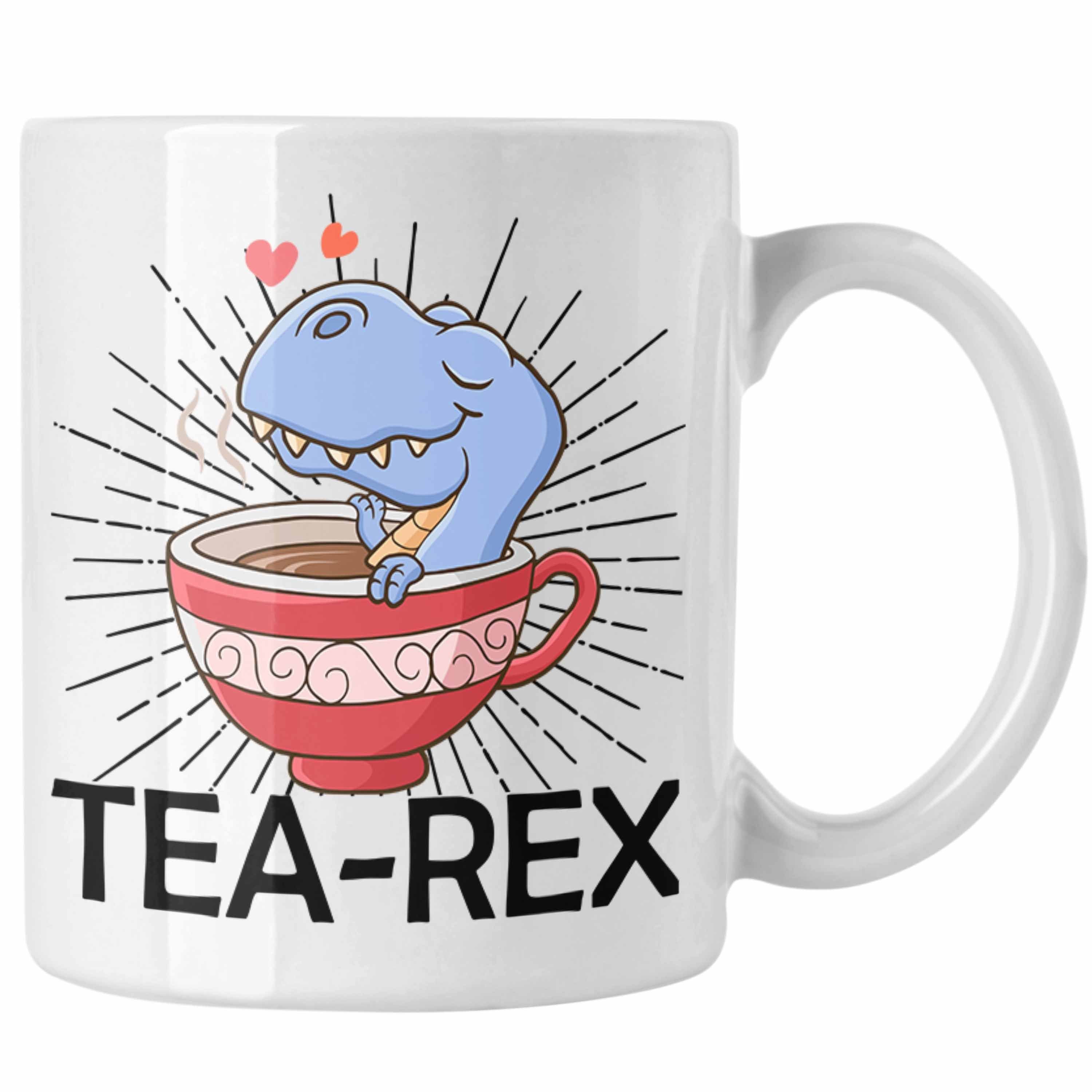 Trendation Tasse Trendation - Geschenkidee Dinosaurier Weiss Tasse T-Rex Wortspiel Tea Rex Geschenk