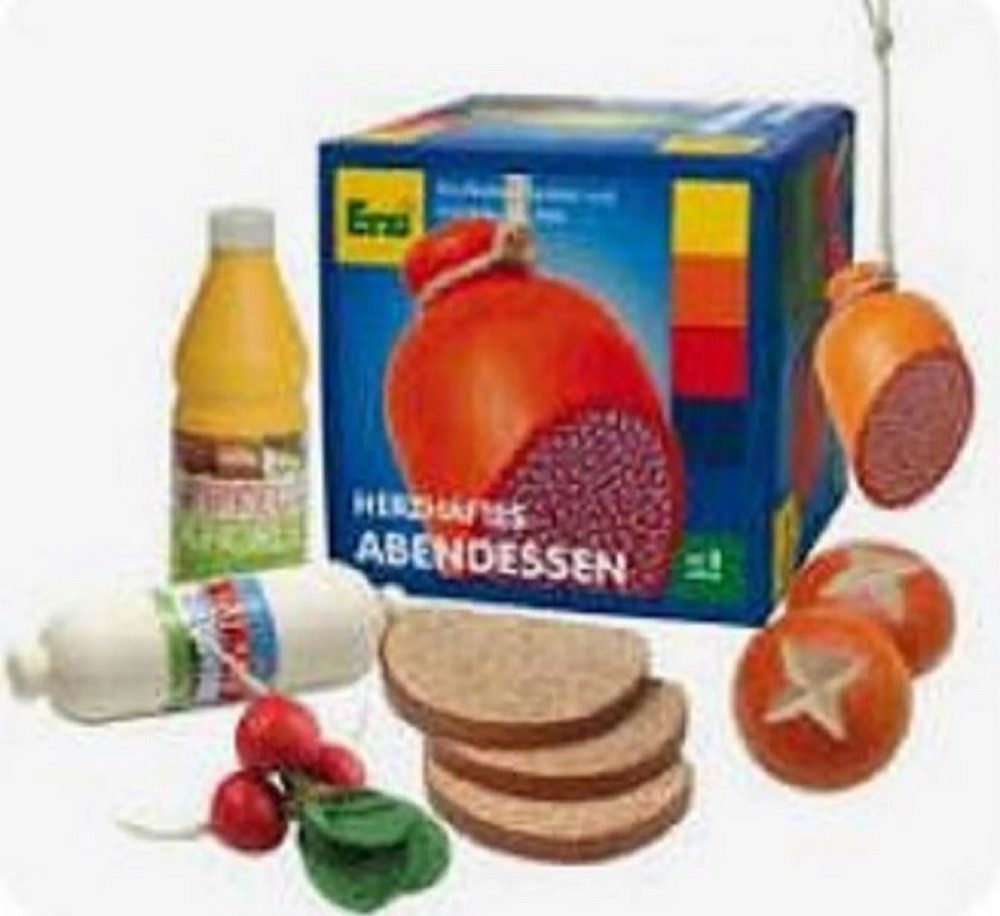 Erzi® Spiellebensmittel Herzhaftes Abendessen: Brotscheiben, Laugenbrötchen, Rollenspiel, Radieschen, Salami, Mettwurstzipfel, Flasche Apfelsaft-Kinderküche