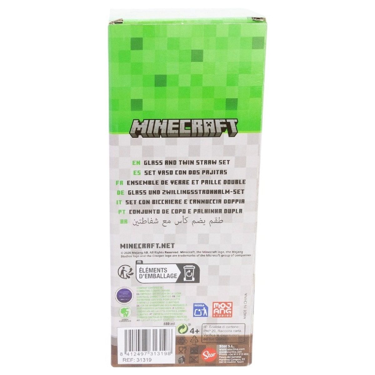 Minecraft Glas 480 ml mit 2 Edelstahl Trinkhalmen, 3-tlg., Glas