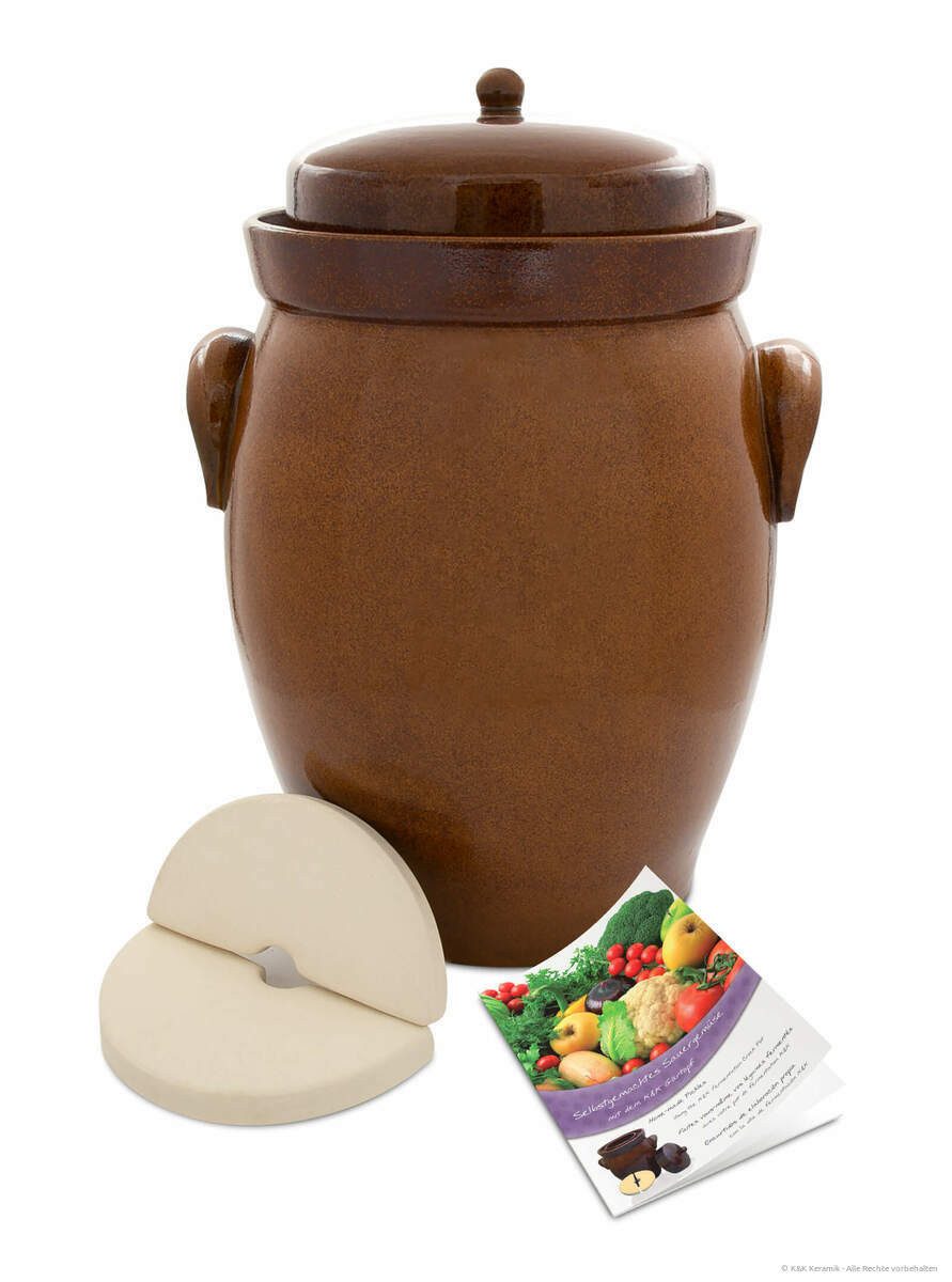 KERAZO Fermentationsglas KERAZO 26L Gärtopf Sauerkrauttopf Gurkentopf Rumtopf inkl Deckel+Stein, Keramik, Mit Wasserrinne, robuste Keramik, lebensmittelecht, für Sauerkraut