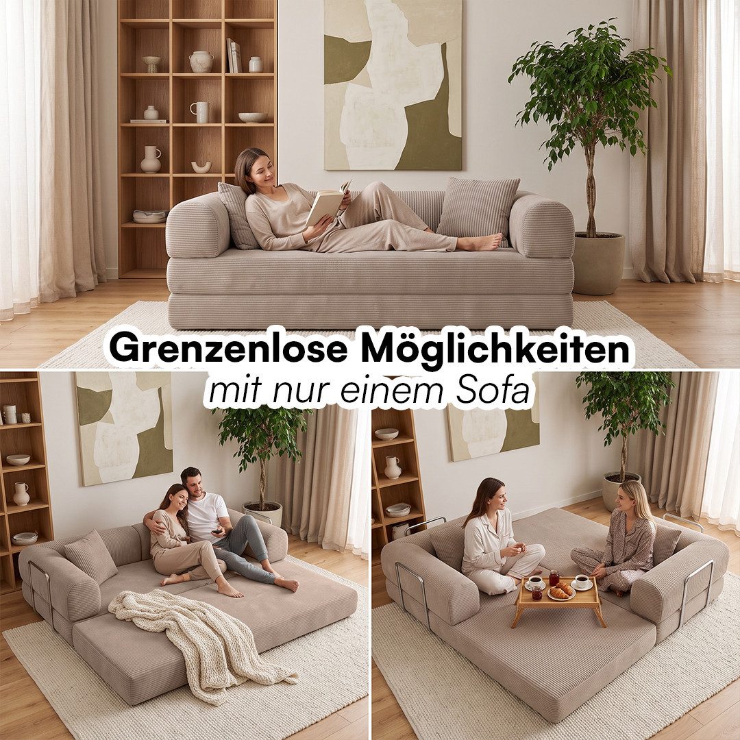 skølm Sofa & Sessel Lofn aus Vollschaum Cord, umwandelbar zum Schlafsofa/-Sessel, Beige, Cordsofa 200 cm breit, 2 Sitzer, kein Aufbau erforderlich, vakuumiert – Bild 5 von 5