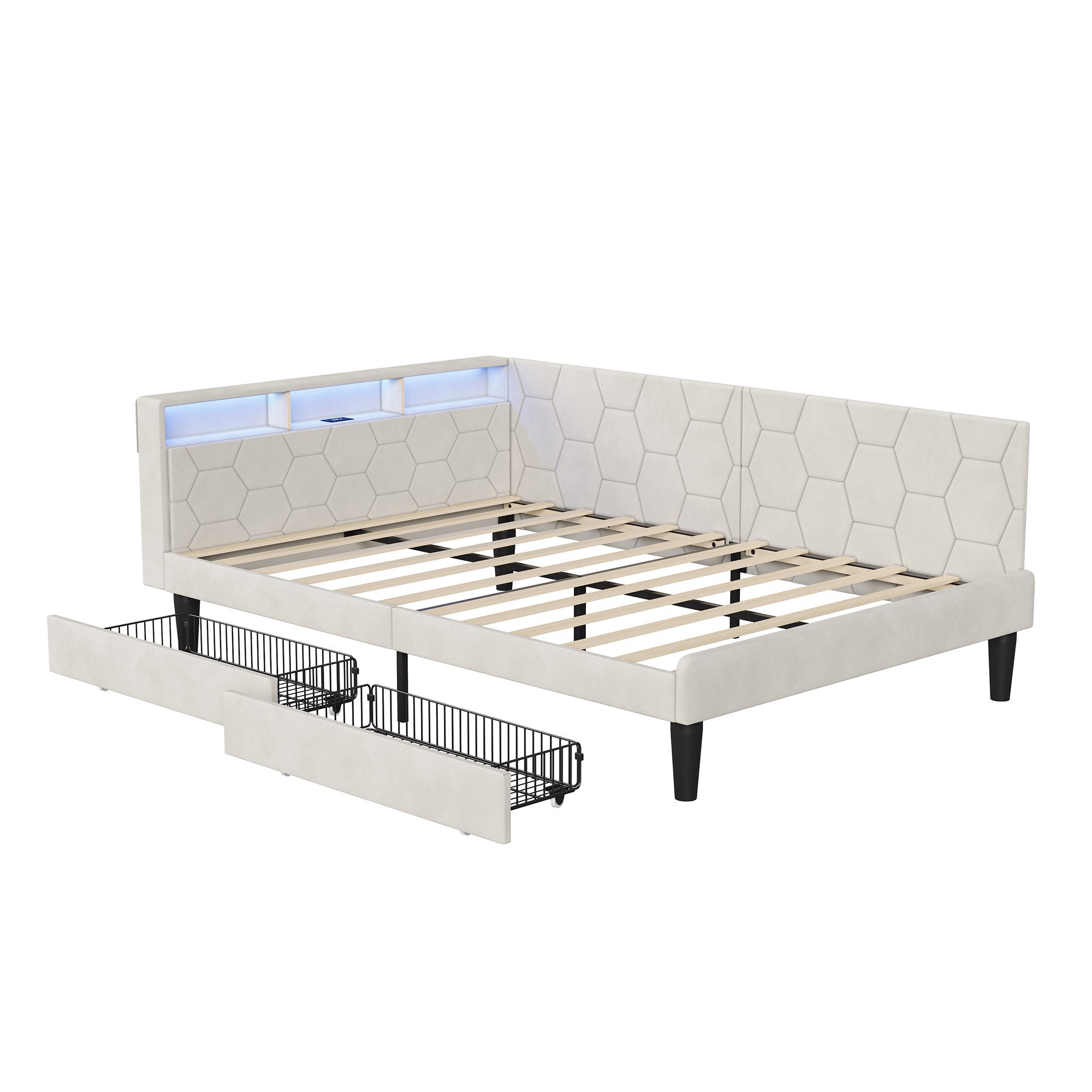 Gdood Polsterbett Daybett Tagesbett Ausziehbett LED 90 x 200 cm Samtstoff (1-tlg., LED-Beleuchtung, Ladestation, in 2 Größen verfügbar), 2 Schubladen, Kopfteil Verwandelt sich in ein Bett