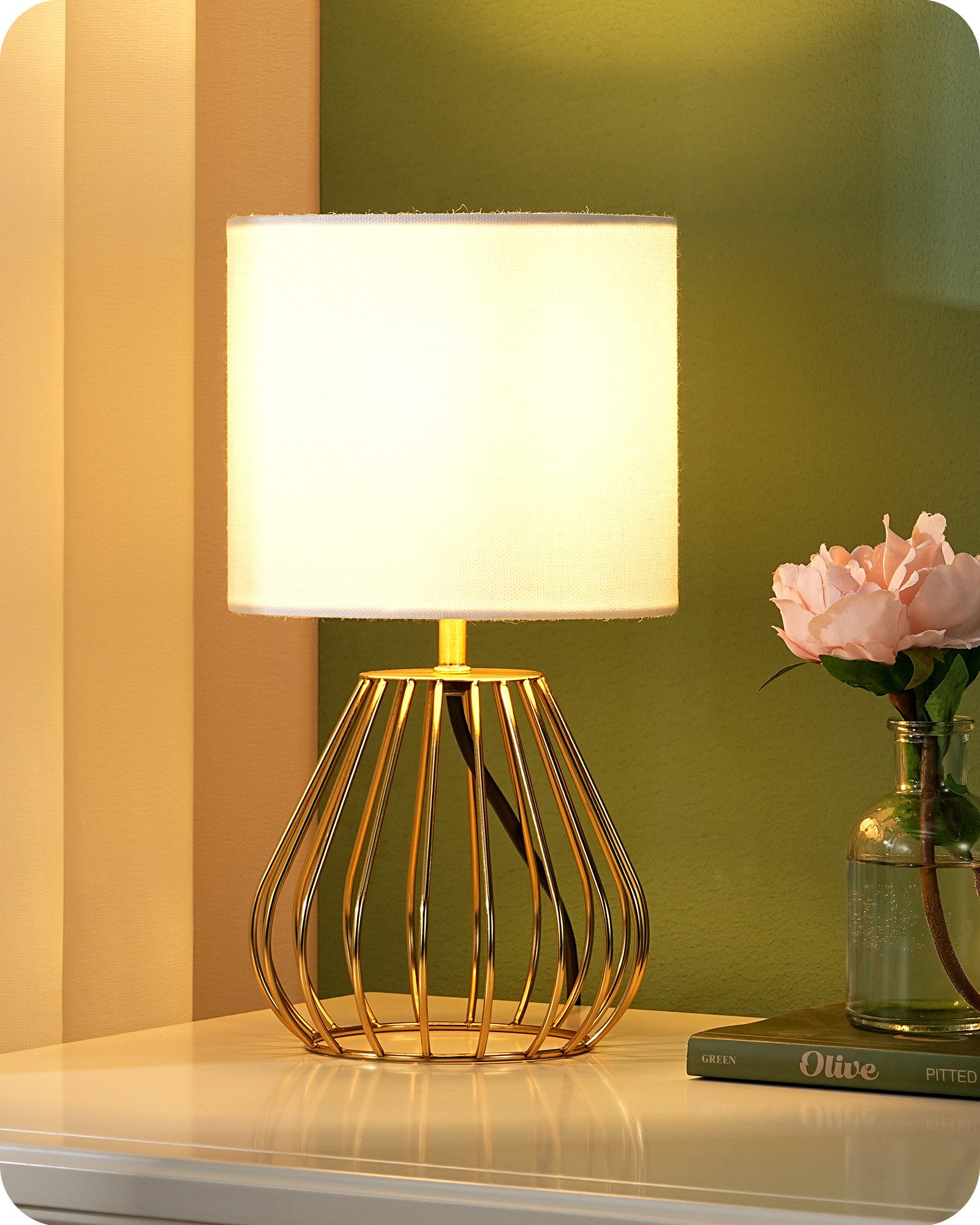 EDISHINE Nachttischlampe Dekolampe H29 cm mit Metallfuß, LED wechselbar, 2700 K Warmweiß, Vintage Tischleuchte mit E14 Leuchtmittel