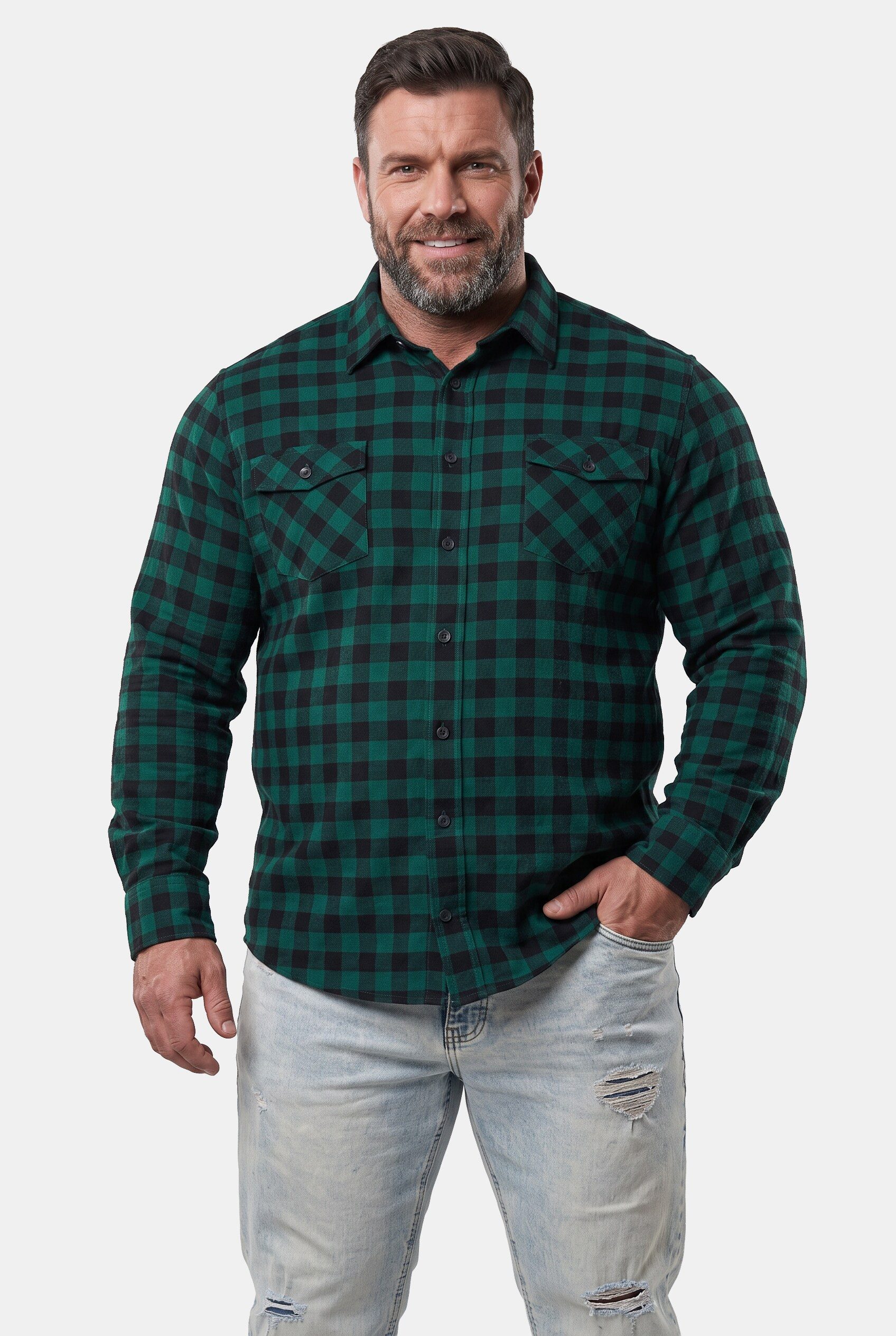 Men Plus Businesshemd Karo-Flanellhemd Langarm Kentkragen Modern Fit