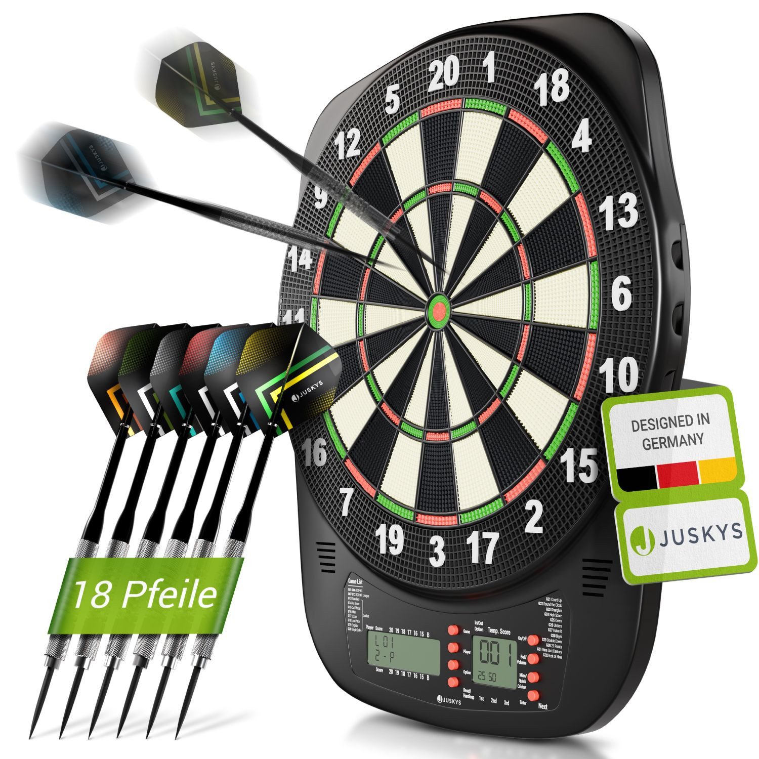 Juskys Dartscheibe, 32 Spiele, 18 Pfeile, bis 8 Spieler, mit Zubehör, viele Spielmodi