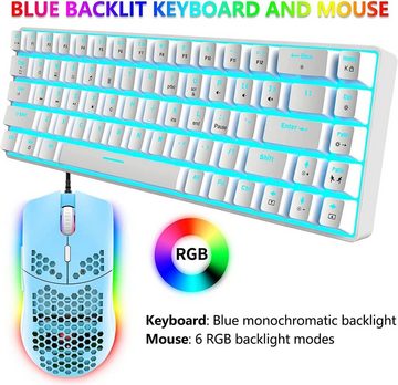 ZIYOU LANG Gaming Set, 68 Tasten Blauer Schalter 60% Mini Eisblaue Tastatur- und Maus-Set, 6400DPI Leichte Programmierbar MausGrünUSB-KabelKompatibel mit Windows