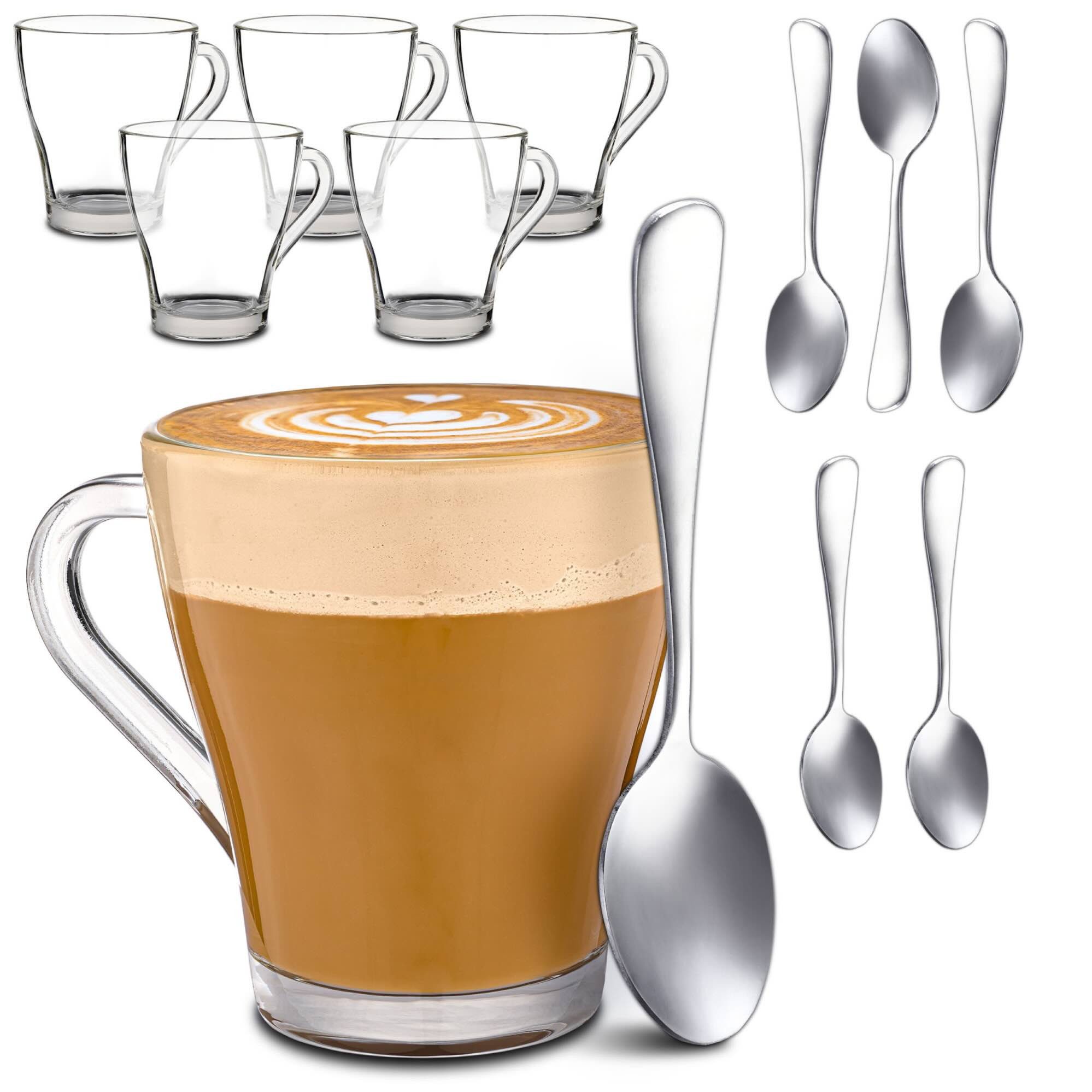 Cosumy Gläser-Set 6 Cappuccino Gläser mit Henkel und Löffel - 250ml - Hält lange warm, 12-tlg., Glas, Cappuccino Gläser Set mit Henkel und Löffel - 250 ml - Hält lange warm